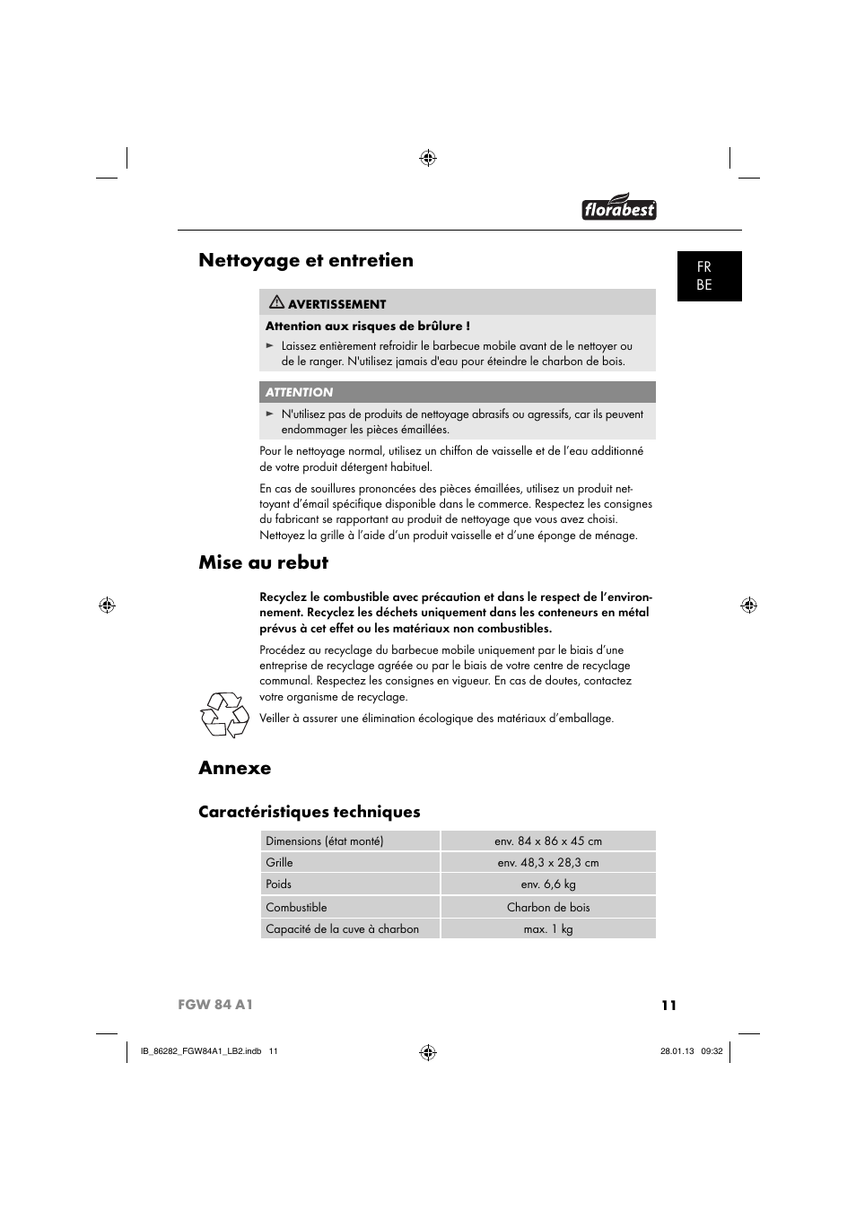 Nettoyage et entretien, Mise au rebut, Annexe | Caractéristiques techniques, Fr be | Florabest FGW 84 A1 User Manual | Page 14 / 52