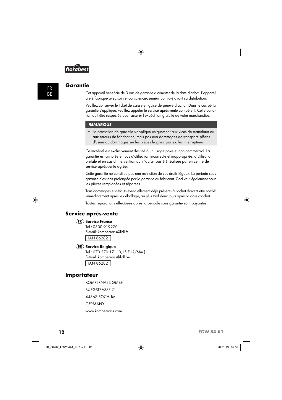 Garantie, Service après-vente, Importateur | Fr be | Florabest FGW 84 A1 User Manual | Page 15 / 52