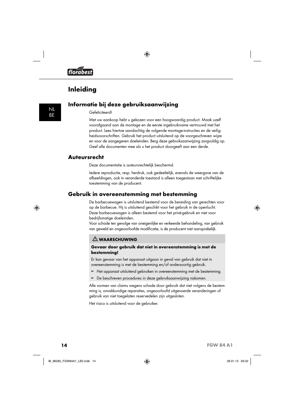 Inleiding, Informatie bij deze gebruiksaanwijzing, Auteursrecht | Gebruik in overeenstemming met bestemming, Nl be | Florabest FGW 84 A1 User Manual | Page 17 / 52