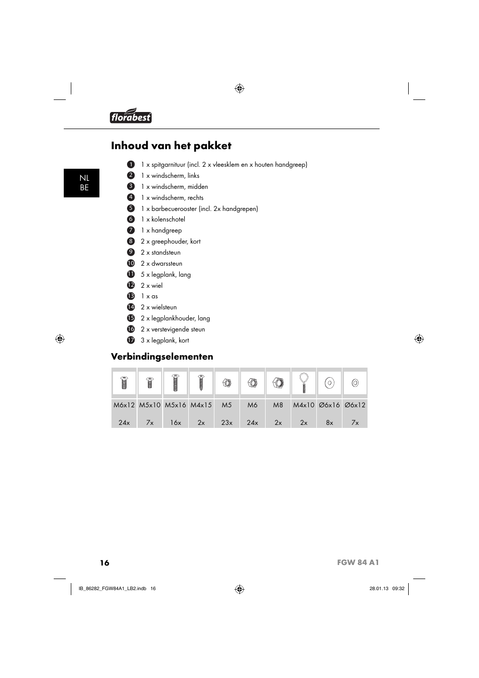 Inhoud van het pakket, Verbindingselementen, Nl be | Florabest FGW 84 A1 User Manual | Page 19 / 52