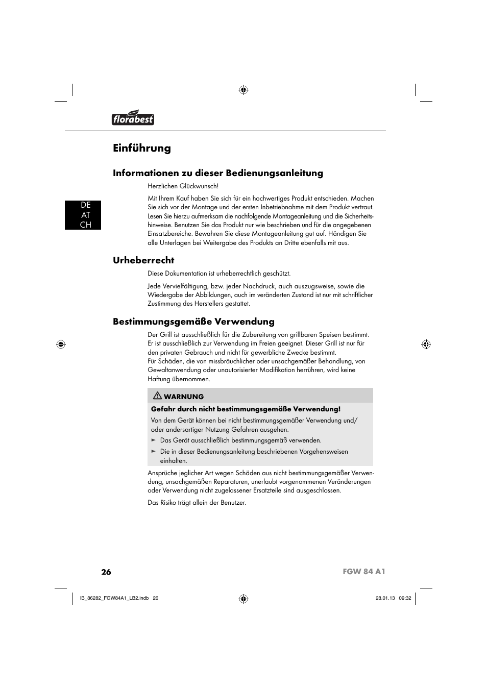 Einführung, Informationen zu dieser bedienungsanleitung, Urheberrecht | Bestimmungsgemäße verwendung, De at ch | Florabest FGW 84 A1 User Manual | Page 29 / 52