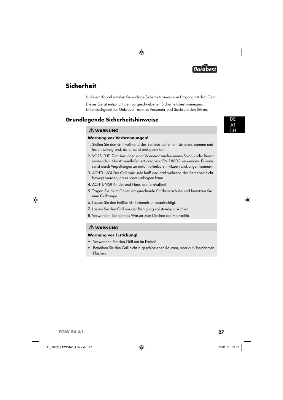 Sicherheit, Grundlegende sicherheitshinweise, De at ch | Florabest FGW 84 A1 User Manual | Page 30 / 52
