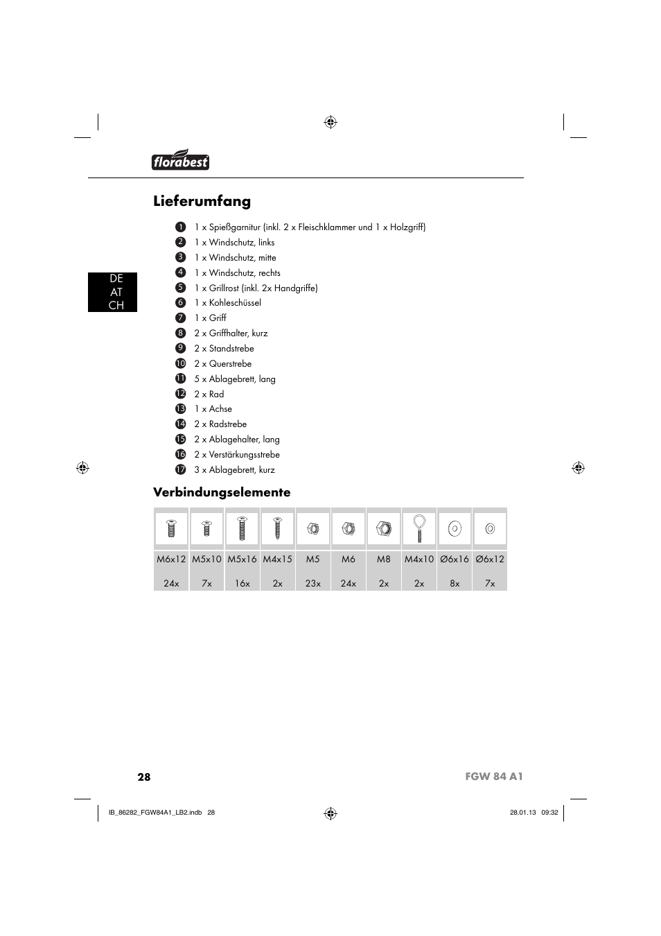 Lieferumfang, Verbindungselemente, De at ch | Florabest FGW 84 A1 User Manual | Page 31 / 52