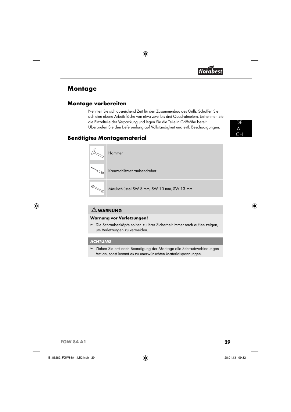 Montage, Montage vorbereiten, Benötigtes montagematerial | De at ch | Florabest FGW 84 A1 User Manual | Page 32 / 52