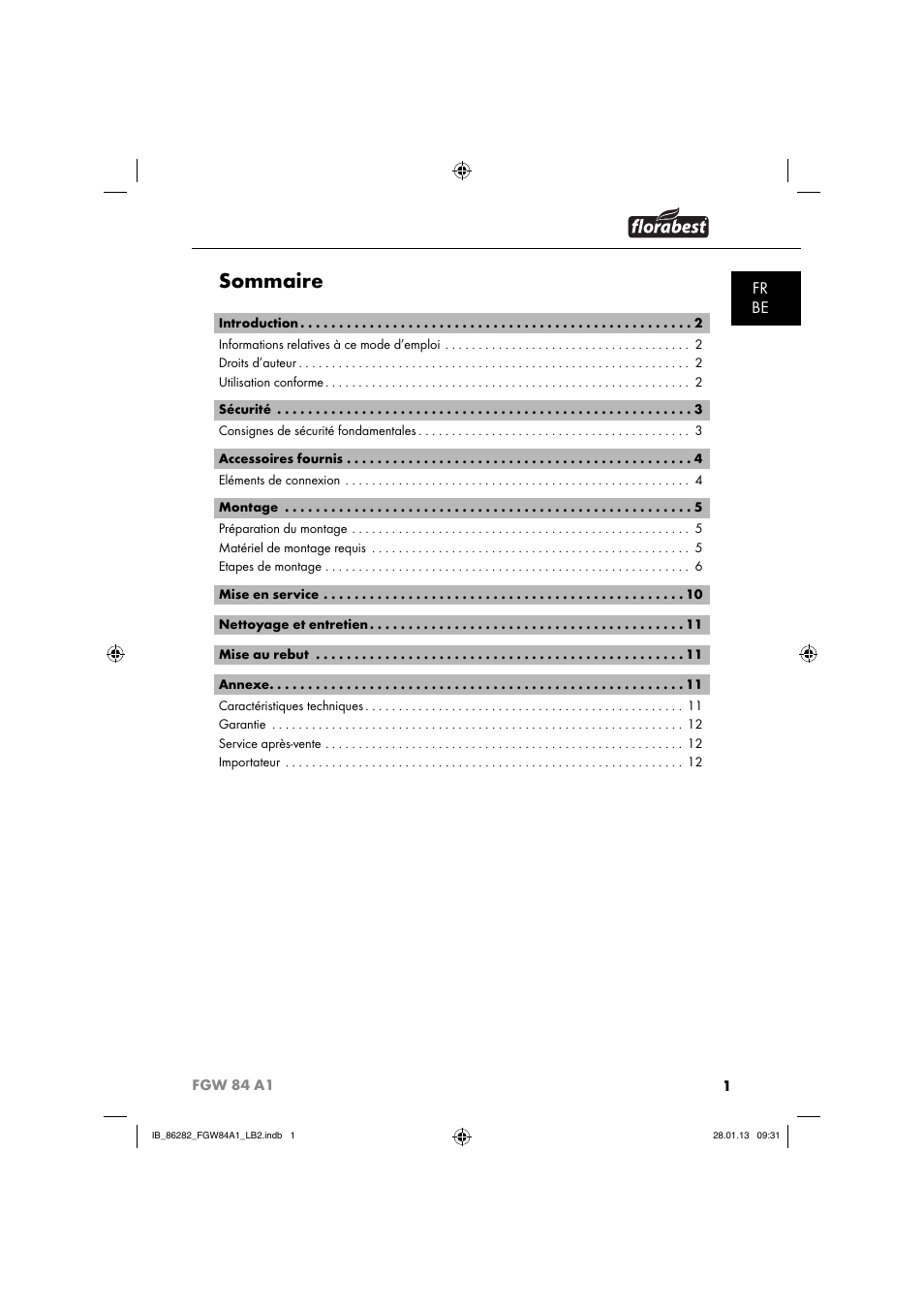 Sommaire, Fr be | Florabest FGW 84 A1 User Manual | Page 4 / 52