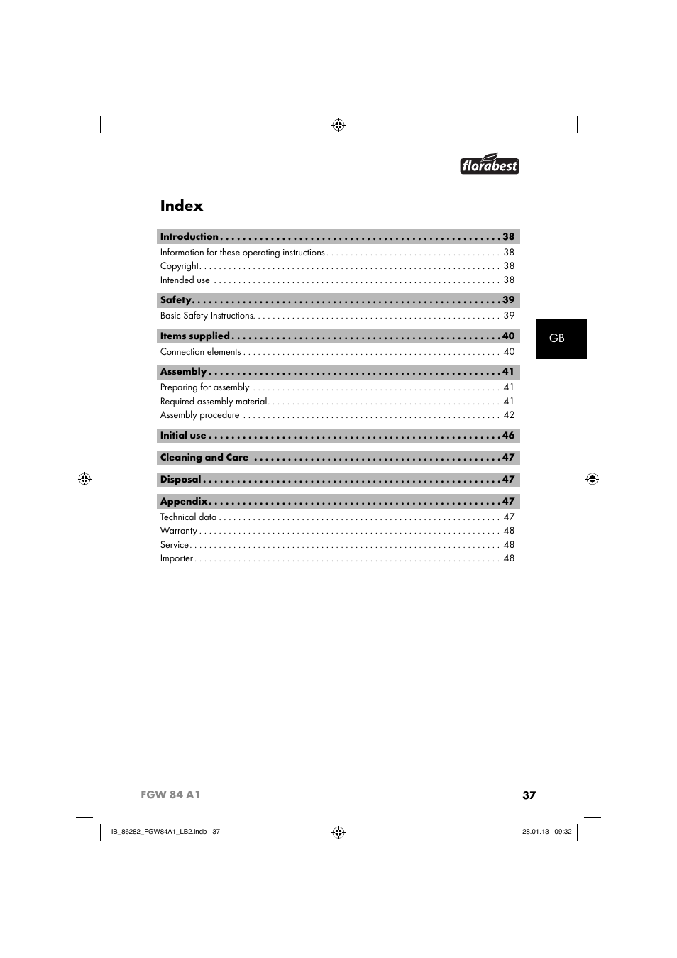 Index | Florabest FGW 84 A1 User Manual | Page 40 / 52