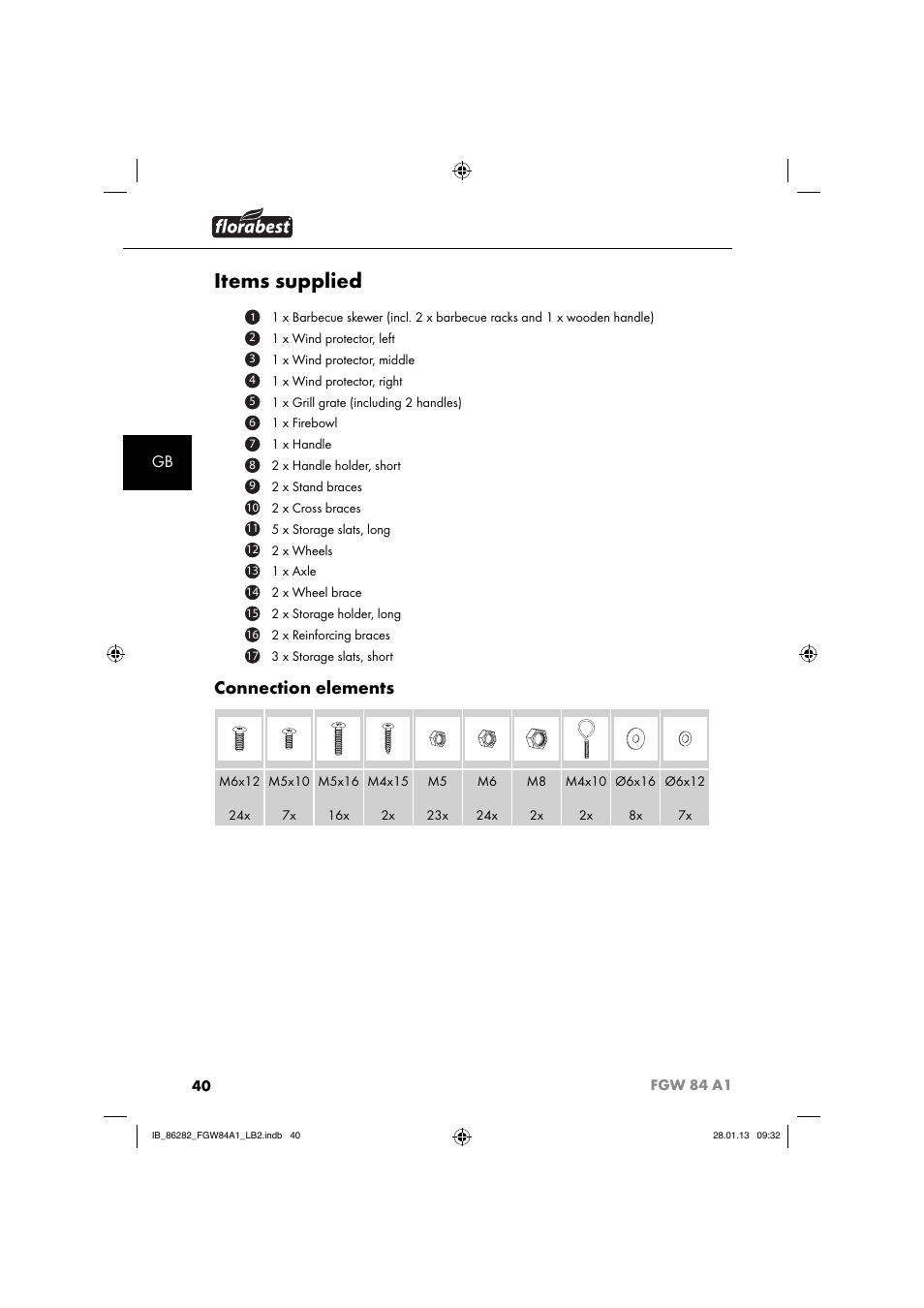 Items supplied, Connection elements | Florabest FGW 84 A1 User Manual | Page 43 / 52