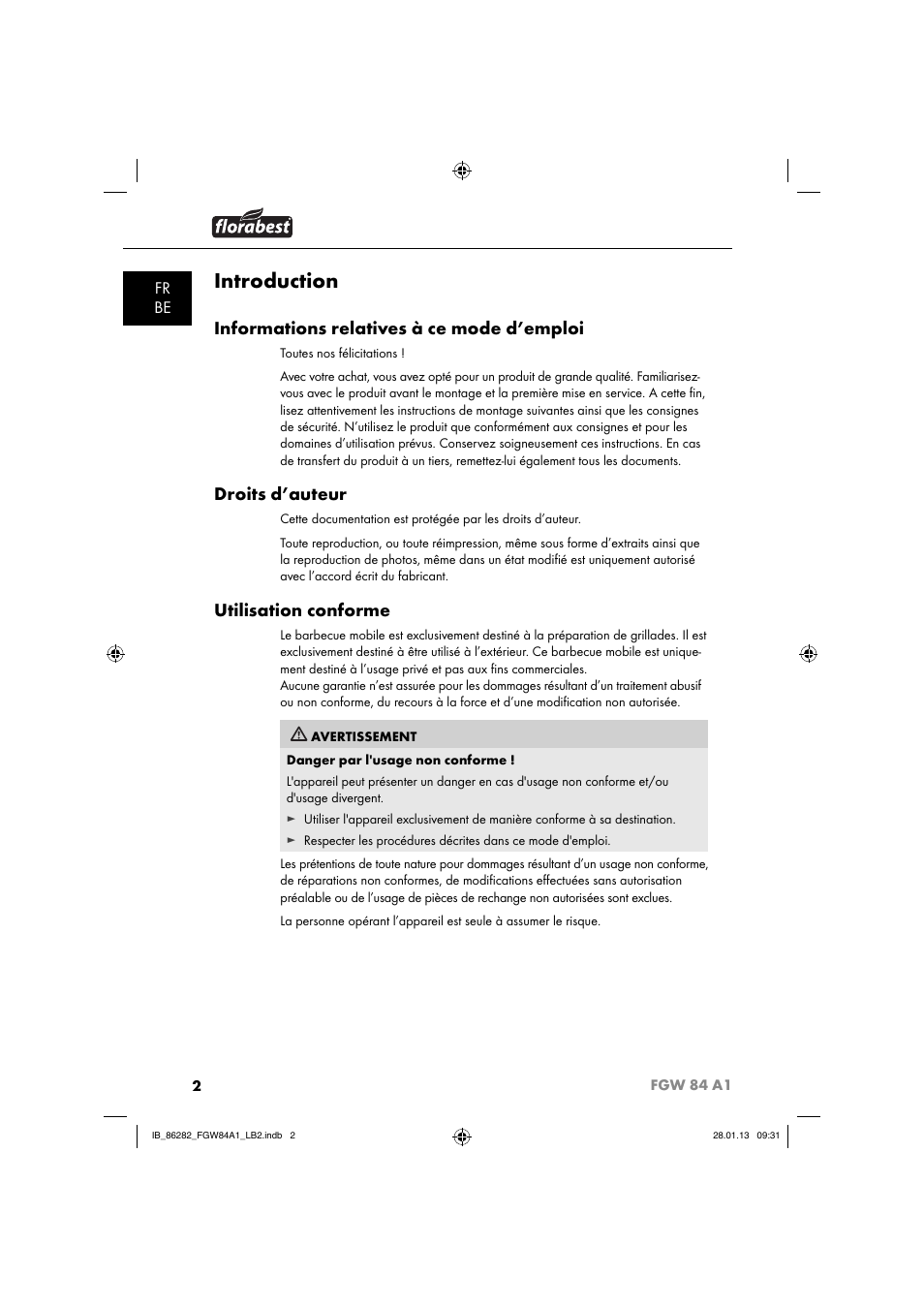 Introduction, Informations relatives à ce mode d’emploi, Droits d’auteur | Utilisation conforme, Fr be | Florabest FGW 84 A1 User Manual | Page 5 / 52