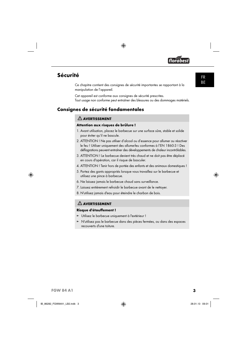 Sécurité, Consignes de sécurité fondamentales, Fr be | Florabest FGW 84 A1 User Manual | Page 6 / 52