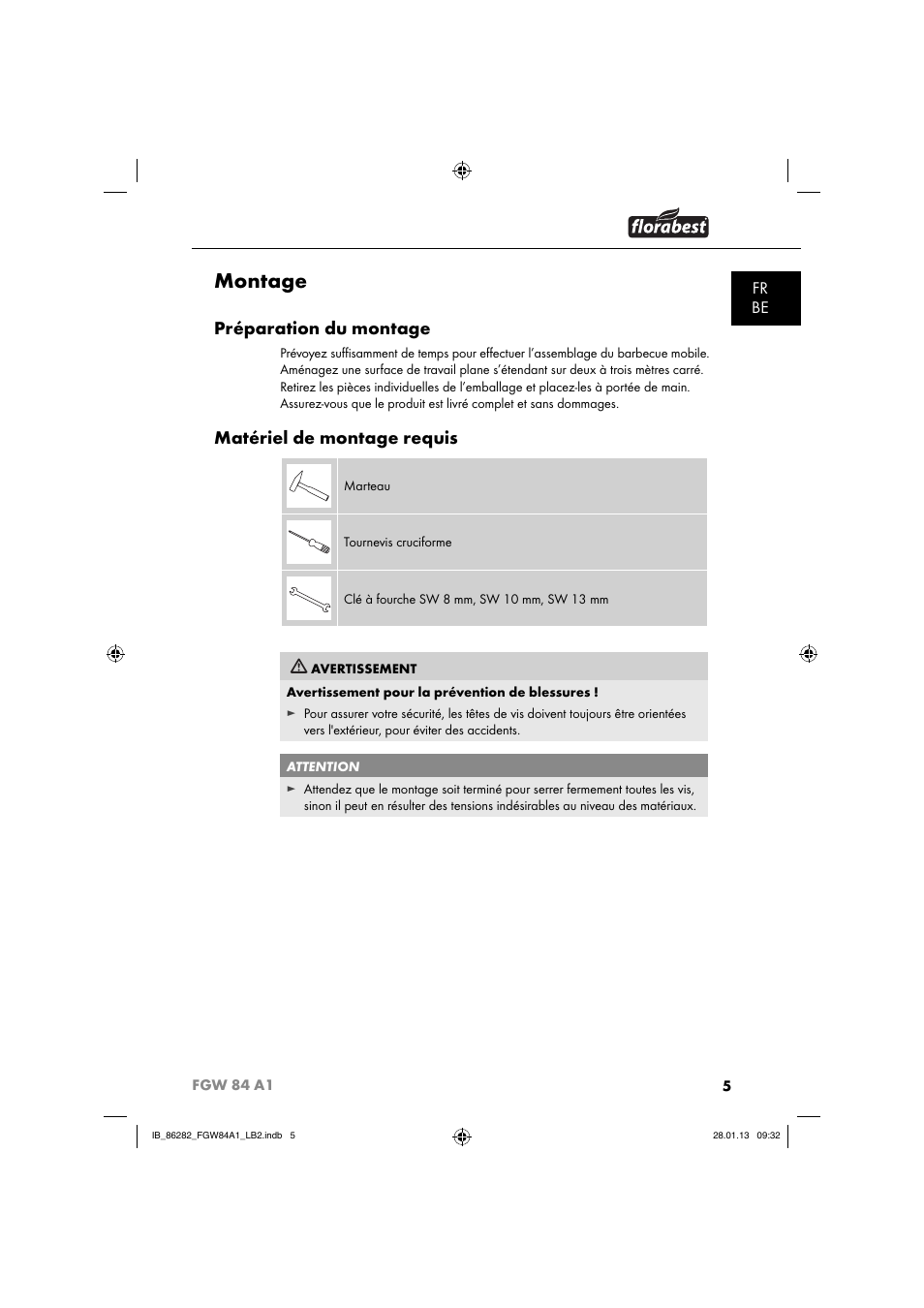 Montage, Préparation du montage, Matériel de montage requis | Fr be | Florabest FGW 84 A1 User Manual | Page 8 / 52