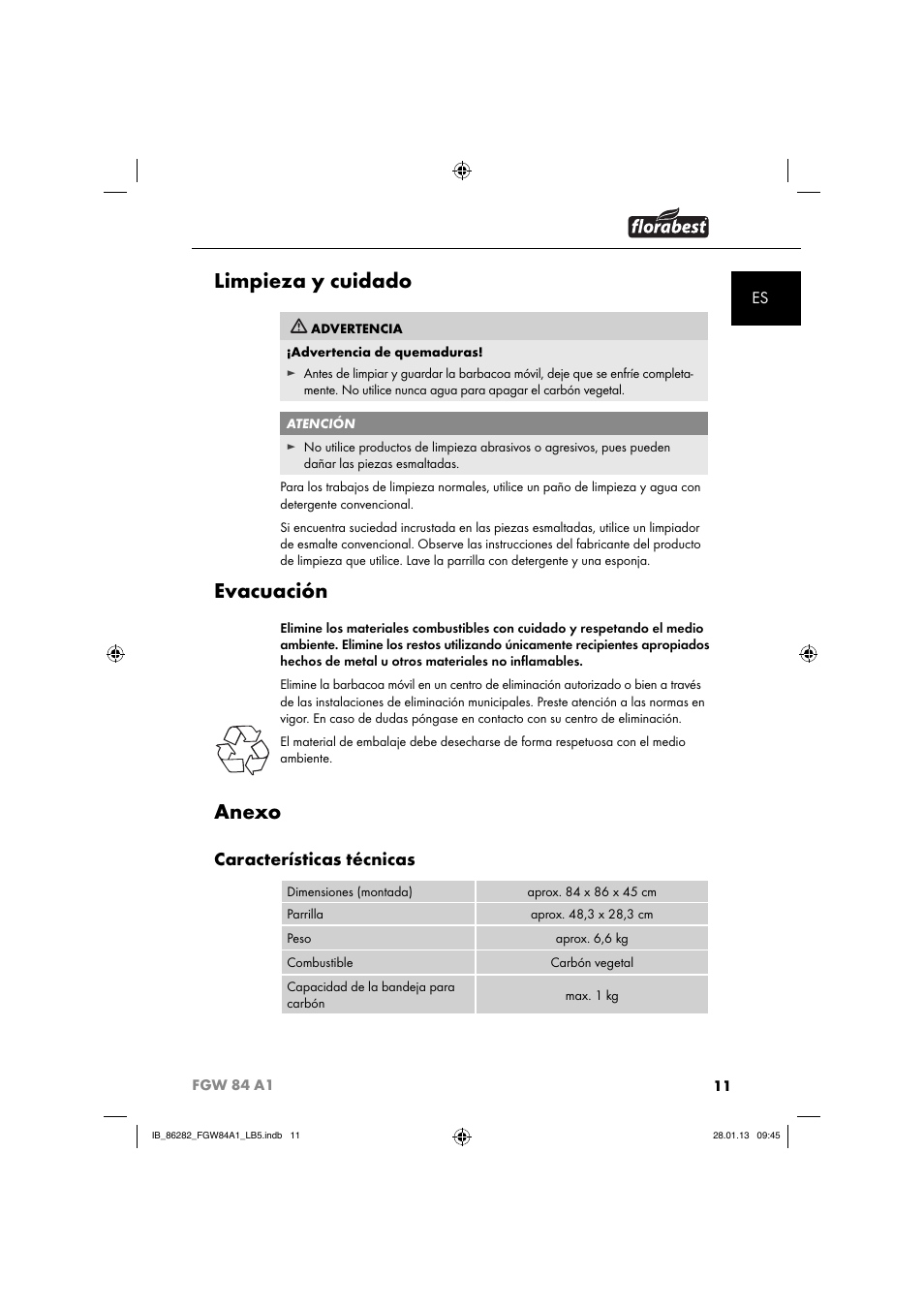 Limpieza y cuidado, Evacuación, Anexo | Características técnicas | Florabest FGW 84 A1 User Manual | Page 14 / 64