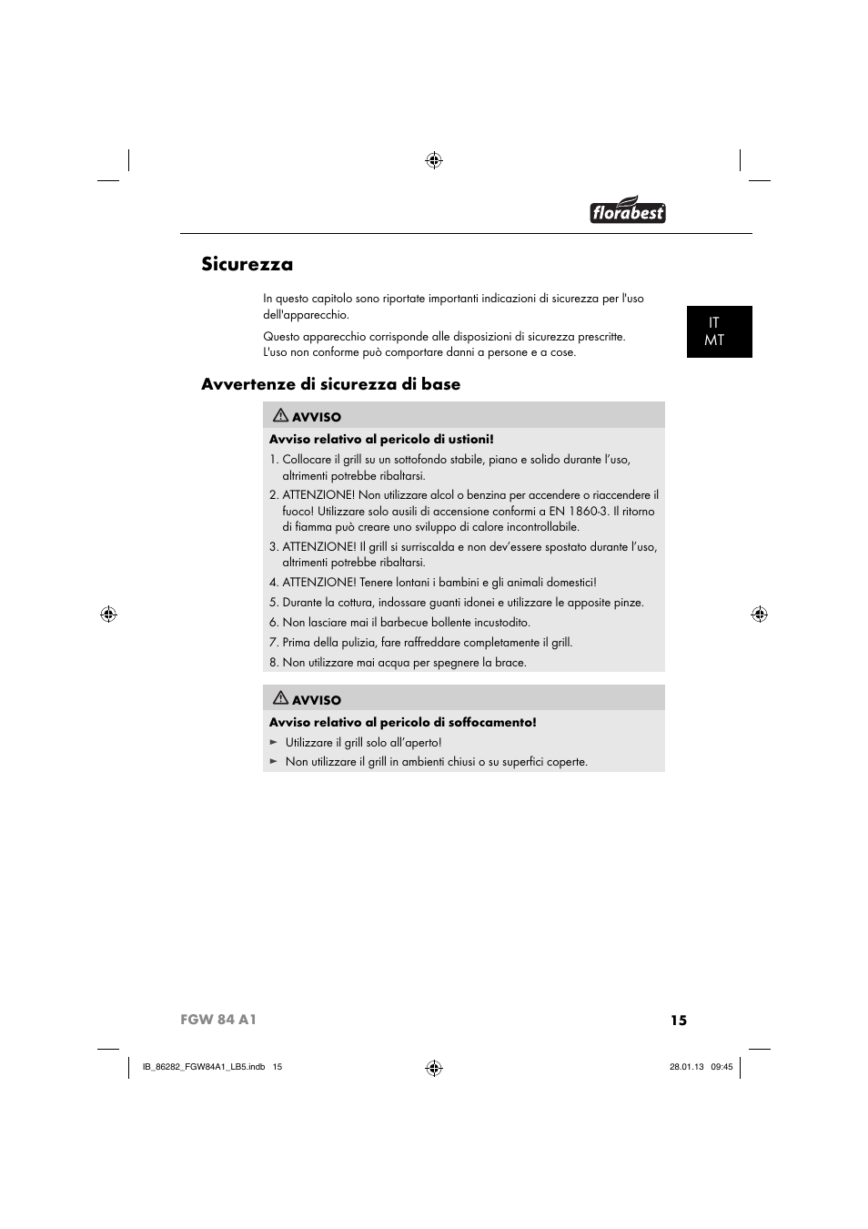 Sicurezza, Avvertenze di sicurezza di base, It mt | Florabest FGW 84 A1 User Manual | Page 18 / 64