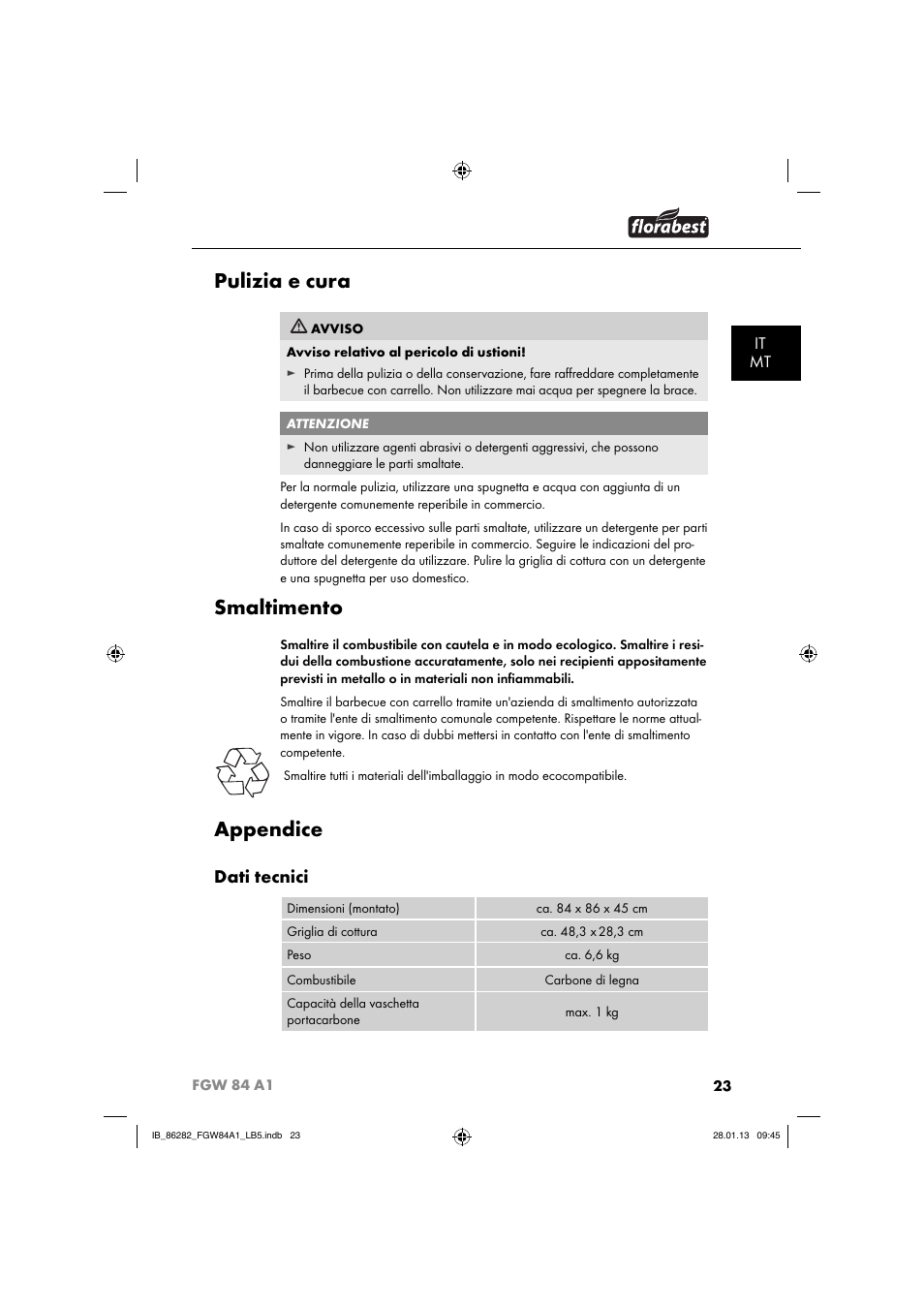 Pulizia e cura, Smaltimento, Appendice | Dati tecnici, It mt | Florabest FGW 84 A1 User Manual | Page 26 / 64