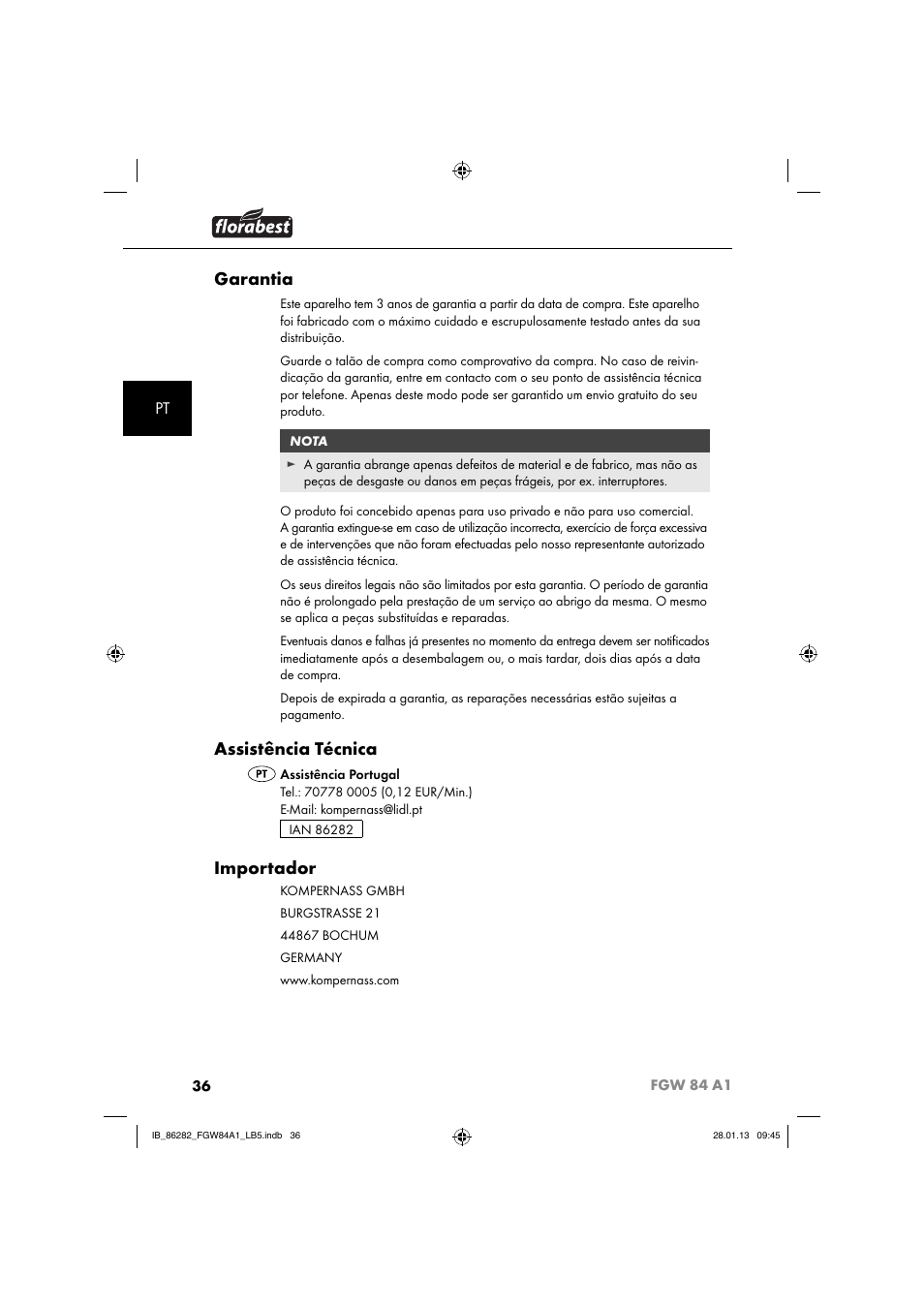 Garantia, Assistência técnica, Importador | Florabest FGW 84 A1 User Manual | Page 39 / 64