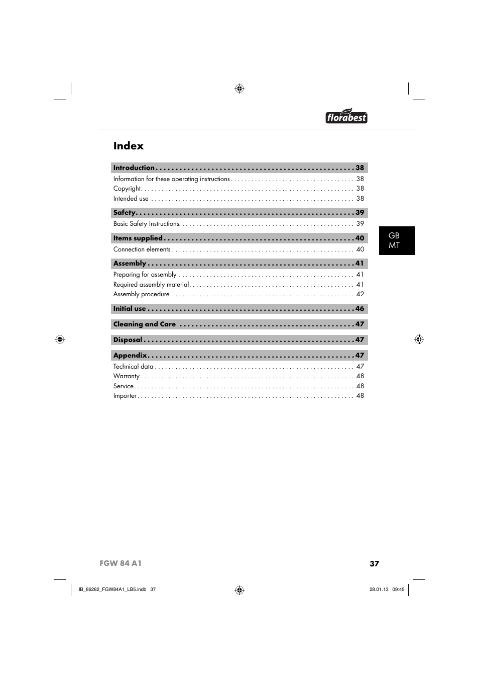 Index, Gb mt | Florabest FGW 84 A1 User Manual | Page 40 / 64