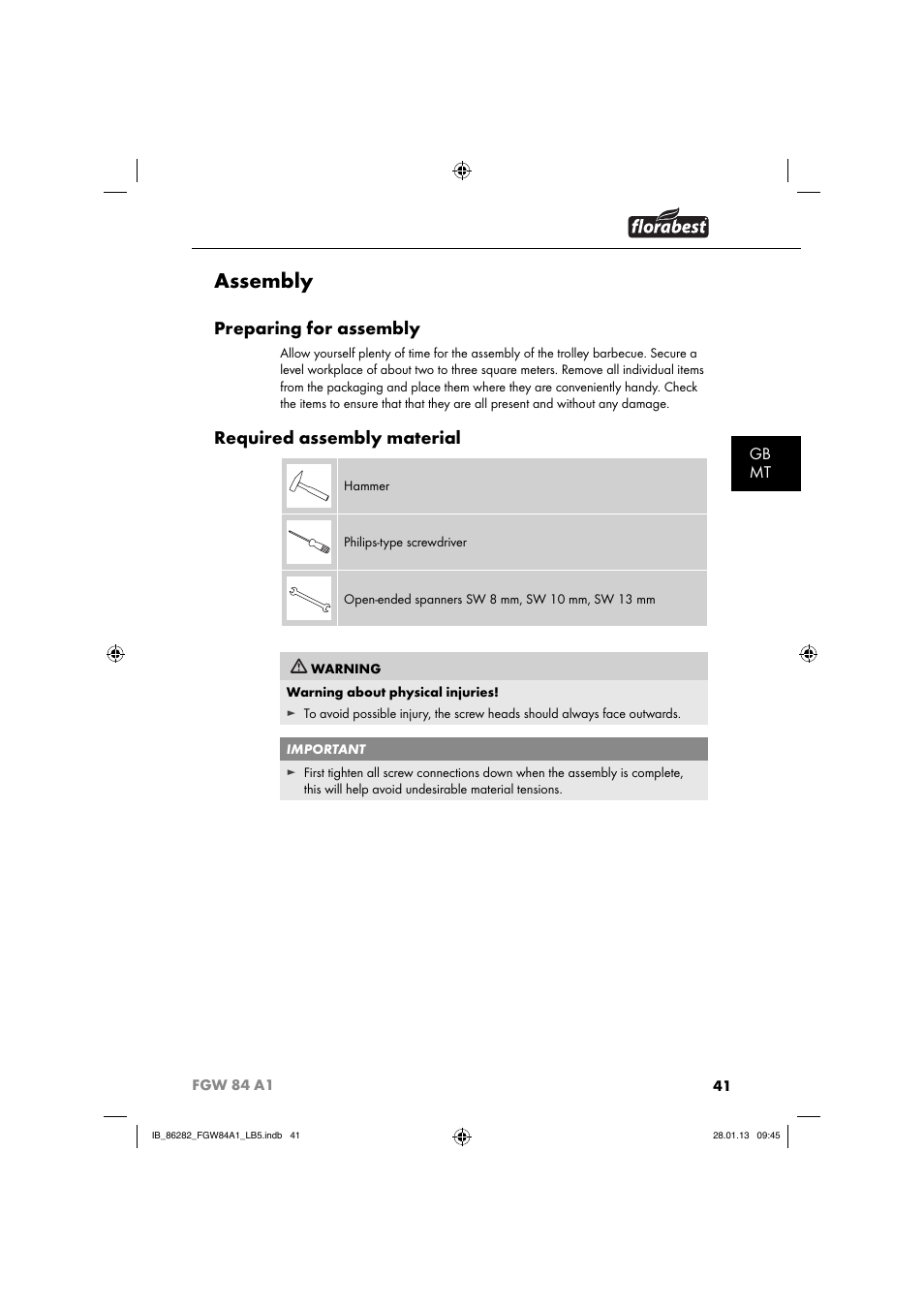 Assembly, Preparing for assembly, Required assembly material | Gb mt | Florabest FGW 84 A1 User Manual | Page 44 / 64