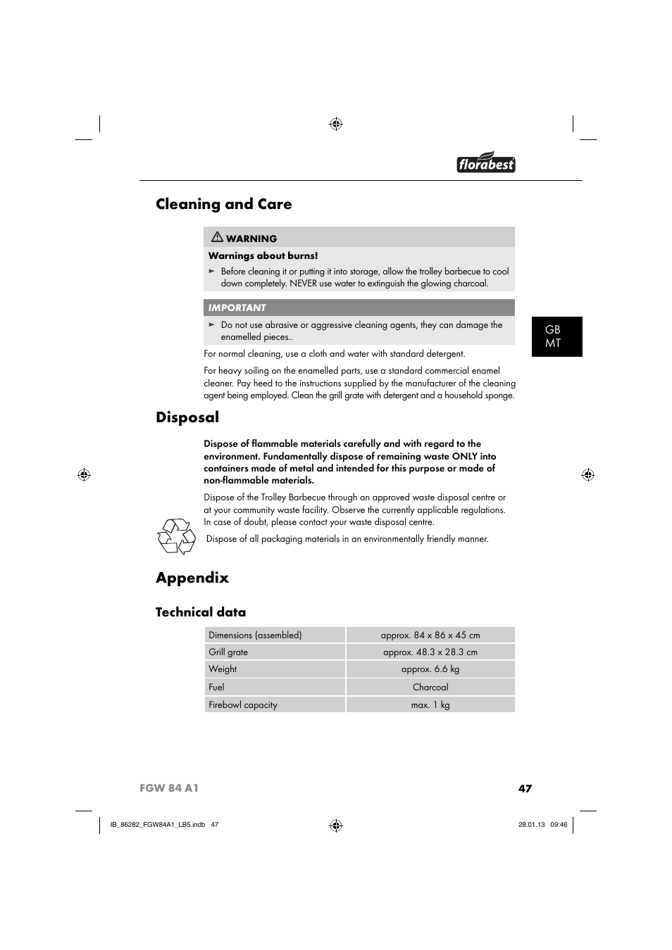 Cleaning and care, Disposal, Appendix | Technical data, Gb mt | Florabest FGW 84 A1 User Manual | Page 50 / 64