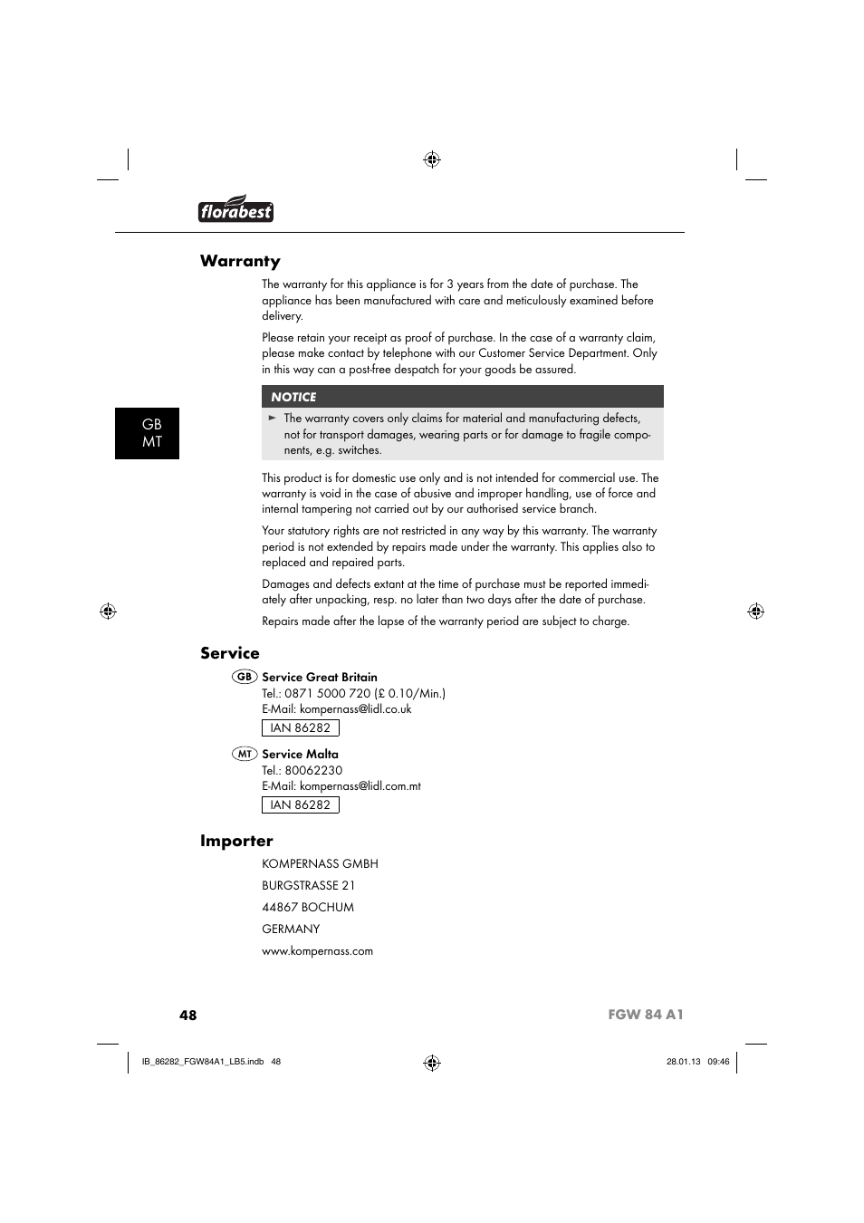 Warranty, Service, Importer | Gb mt | Florabest FGW 84 A1 User Manual | Page 51 / 64