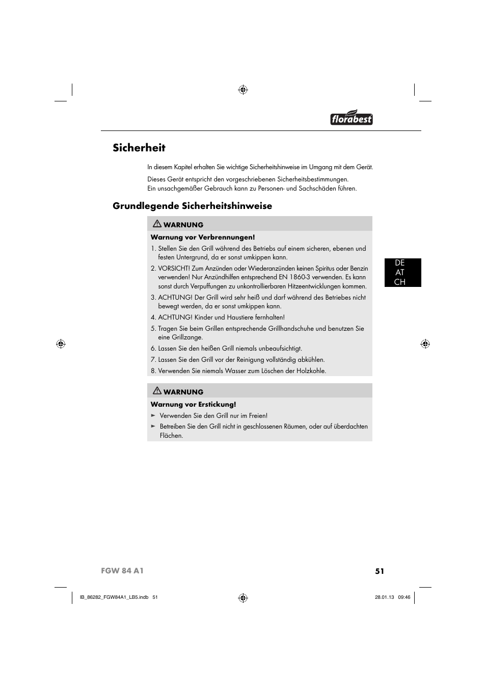 Sicherheit, Grundlegende sicherheitshinweise, De at ch | Florabest FGW 84 A1 User Manual | Page 54 / 64