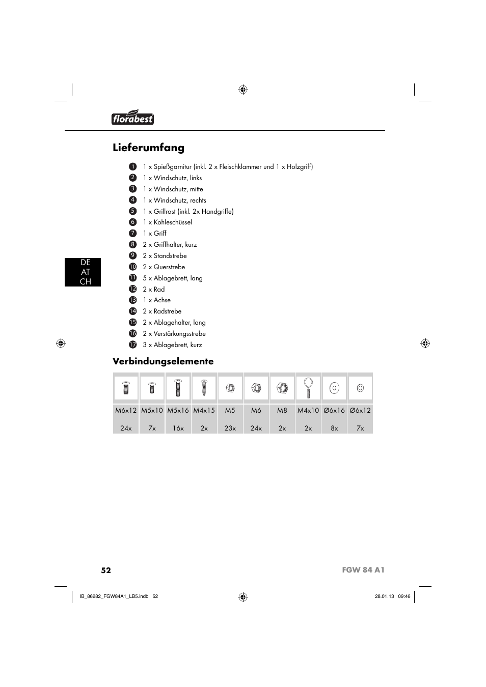 Lieferumfang, Verbindungselemente, De at ch | Florabest FGW 84 A1 User Manual | Page 55 / 64