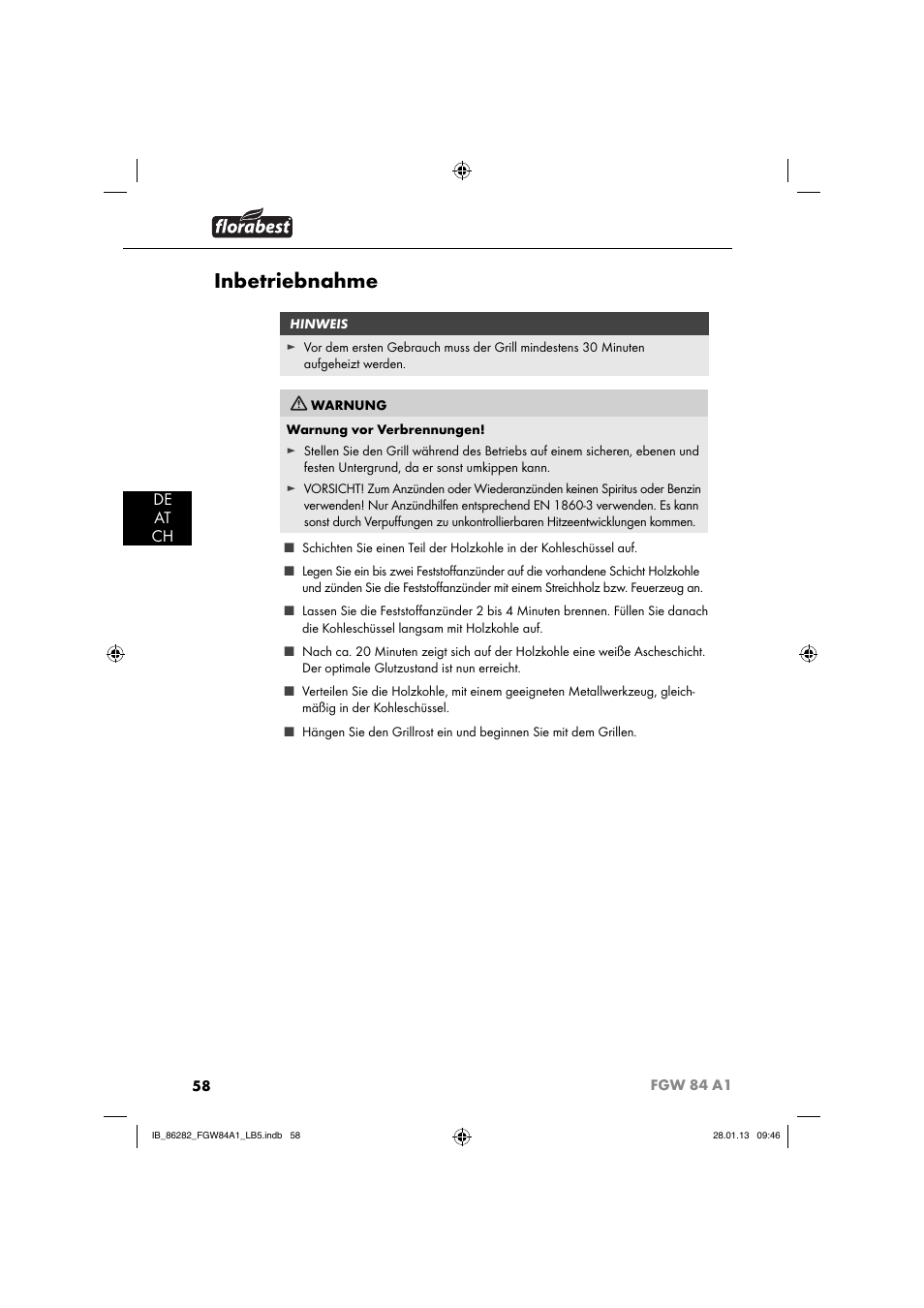 Inbetriebnahme, De at ch | Florabest FGW 84 A1 User Manual | Page 61 / 64