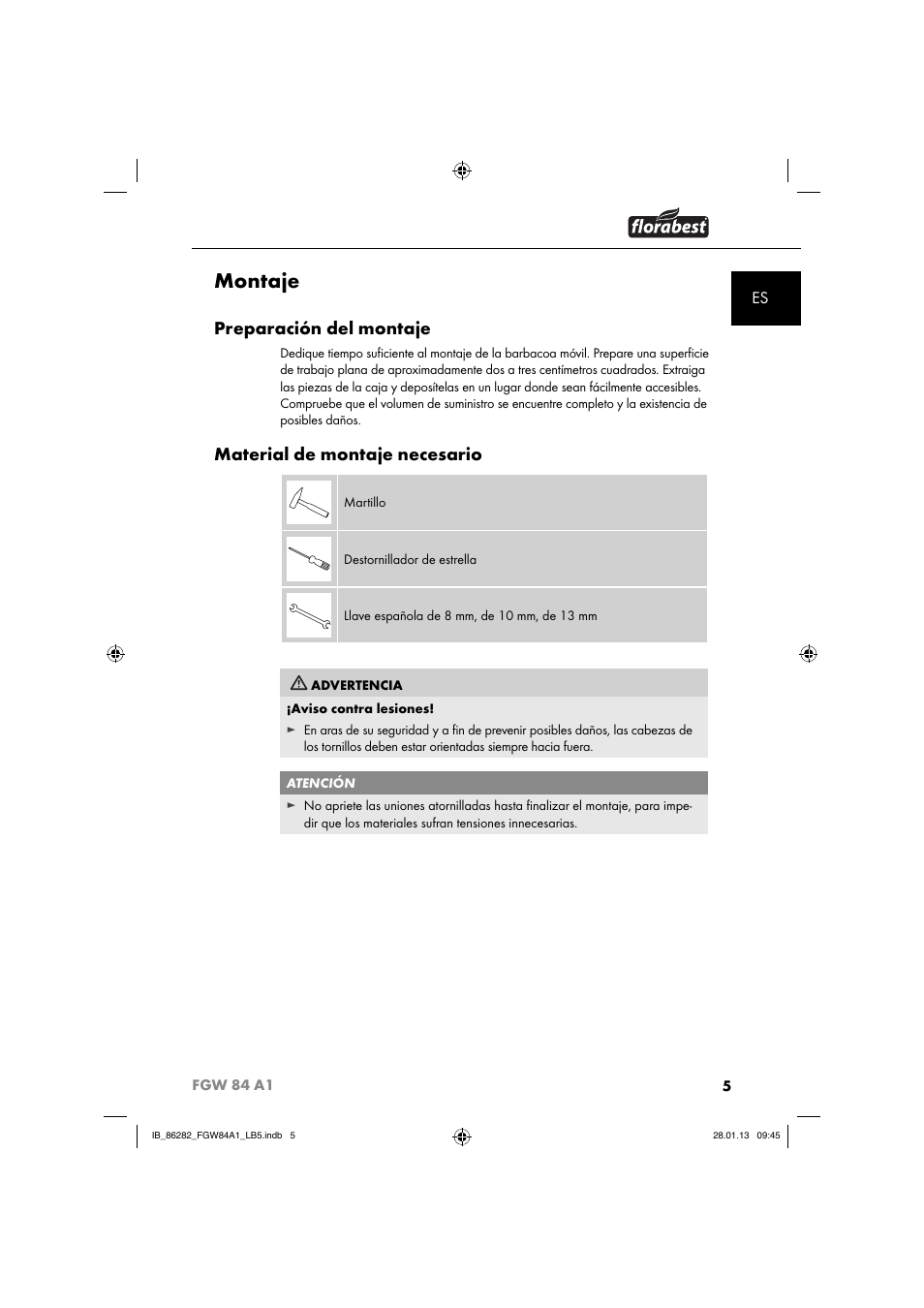 Montaje, Preparación del montaje, Material de montaje necesario | Florabest FGW 84 A1 User Manual | Page 8 / 64