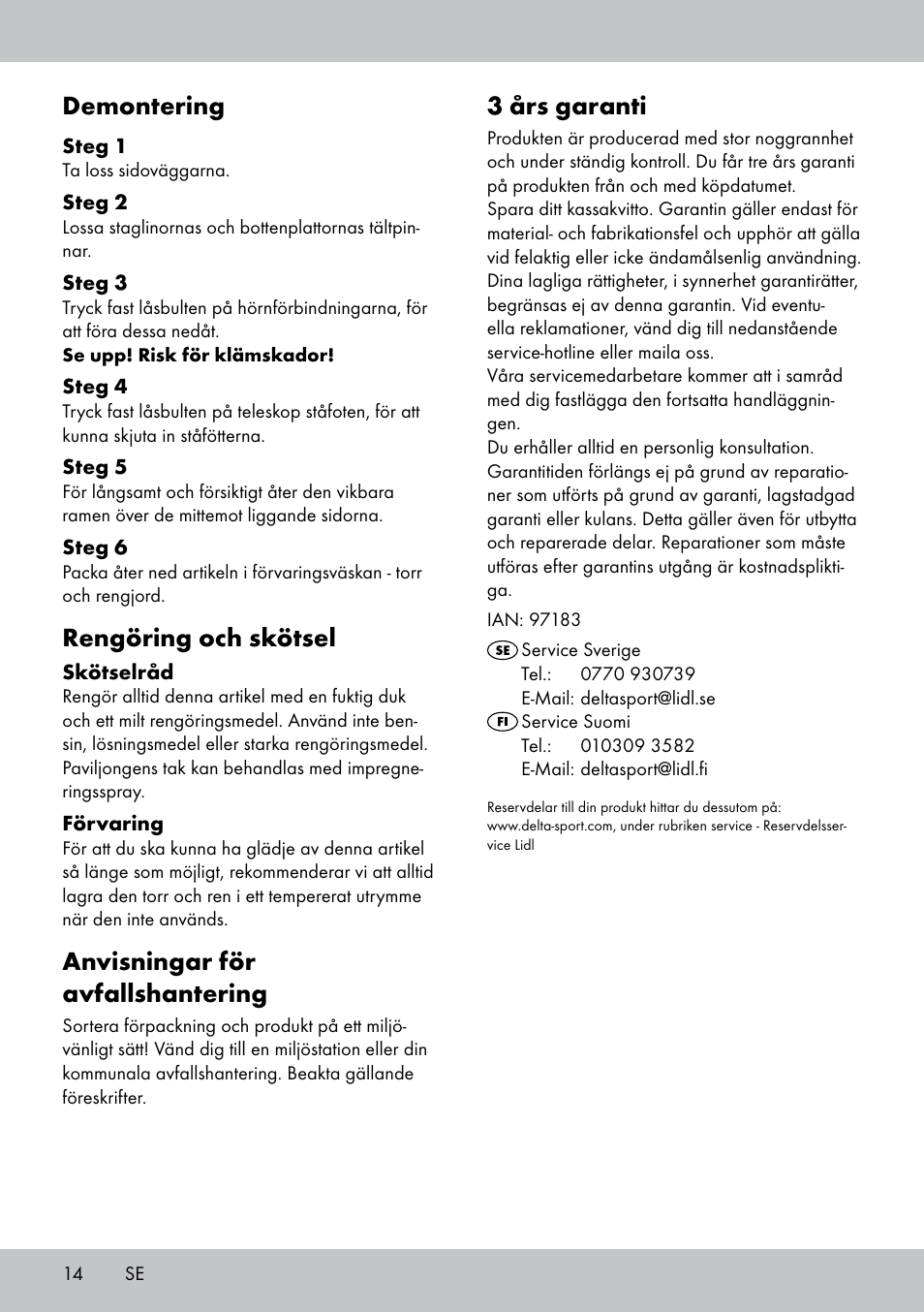 3 års garanti, Demontering, Rengöring och skötsel | Anvisningar för avfallshantering | Florabest PA-1576 User Manual | Page 14 / 28