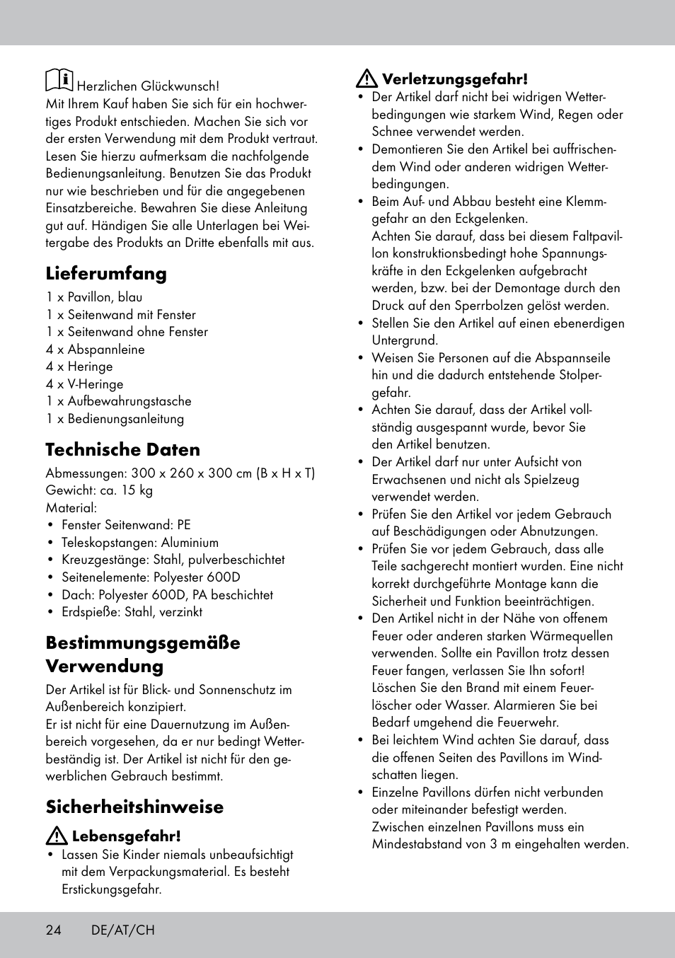 Lieferumfang, Technische daten, Bestimmungsgemäße verwendung | Sicherheitshinweise | Florabest PA-1576 User Manual | Page 24 / 28