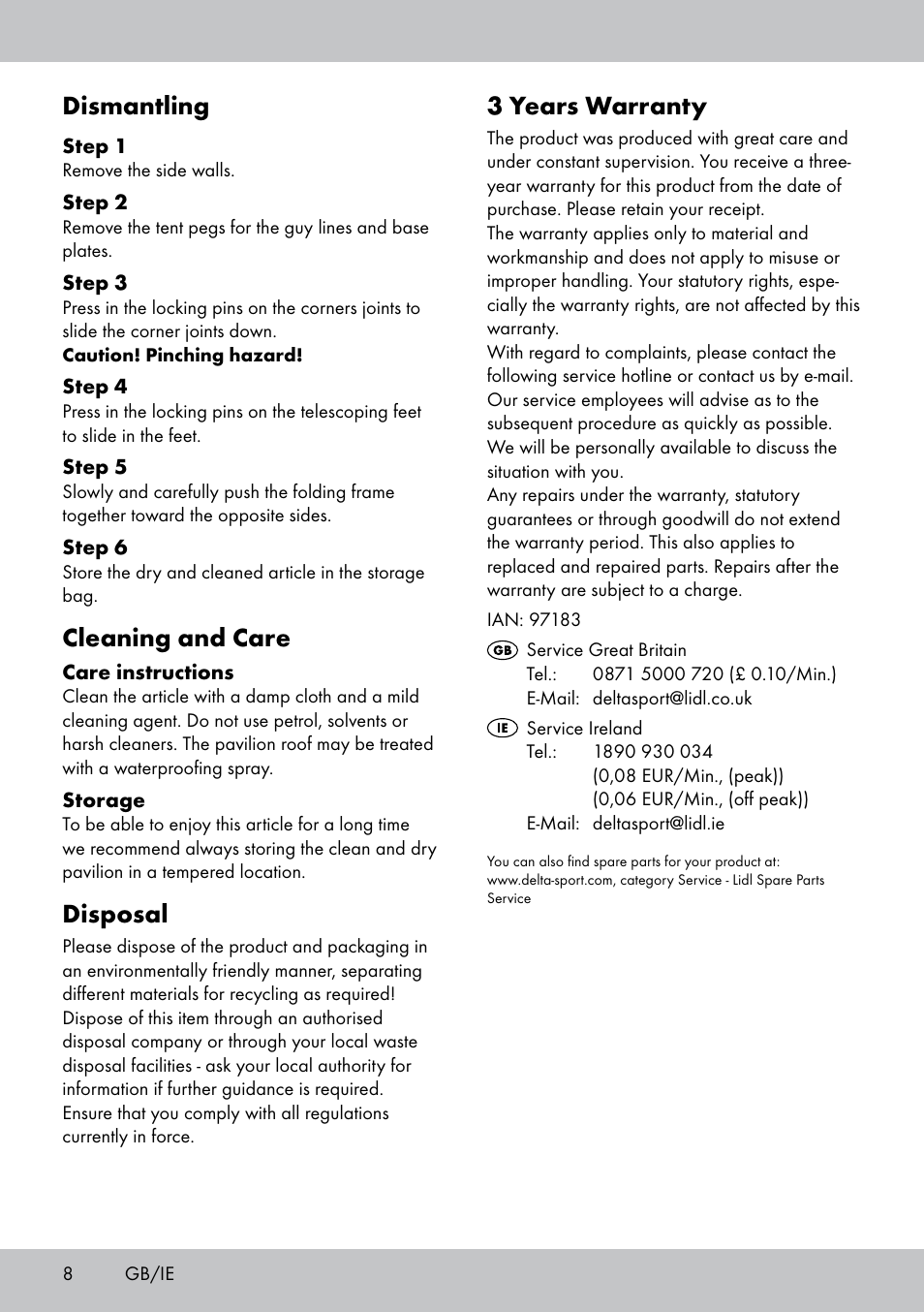3 years warranty, Dismantling, Cleaning and care | Disposal | Florabest PA-1576 User Manual | Page 8 / 28