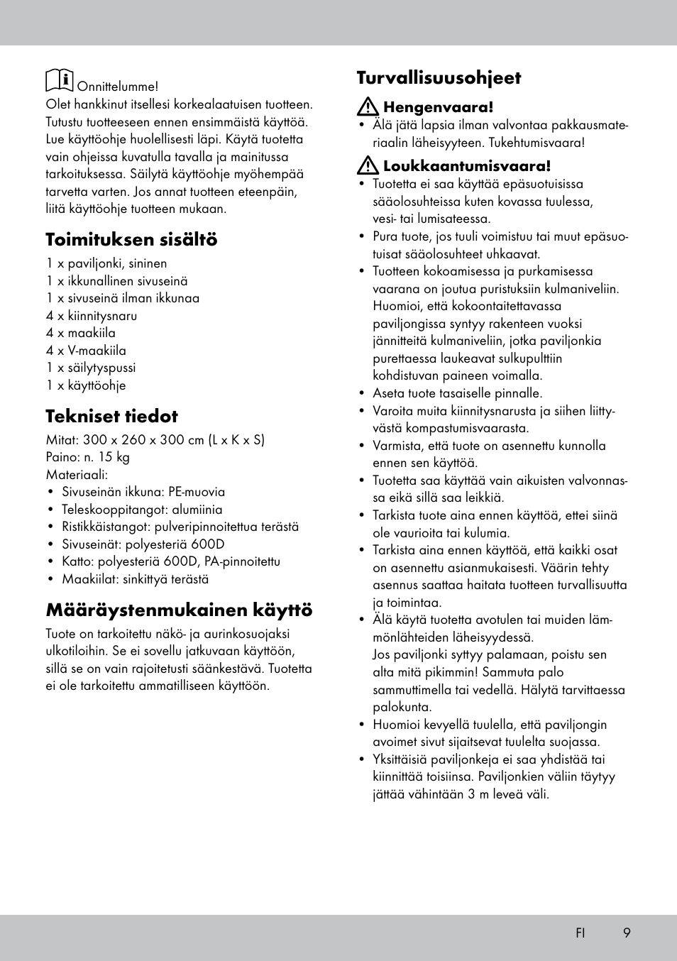 Toimituksen sisältö, Tekniset tiedot, Määräystenmukainen käyttö | Turvallisuusohjeet | Florabest PA-1576 User Manual | Page 9 / 28
