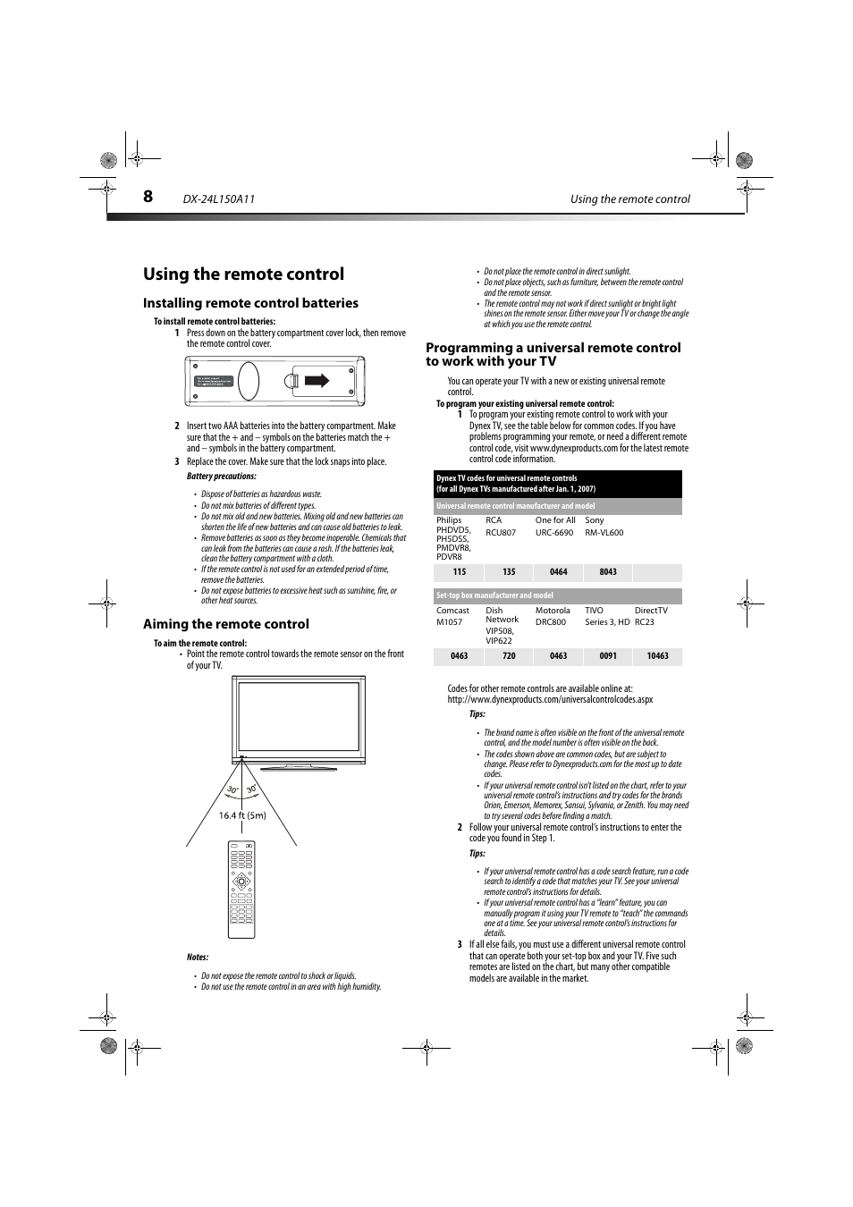 Using the remote control, Installing remote control batteries, Aiming the remote control | Dynex DX-24L150A11 User Manual | Page 11 / 36
