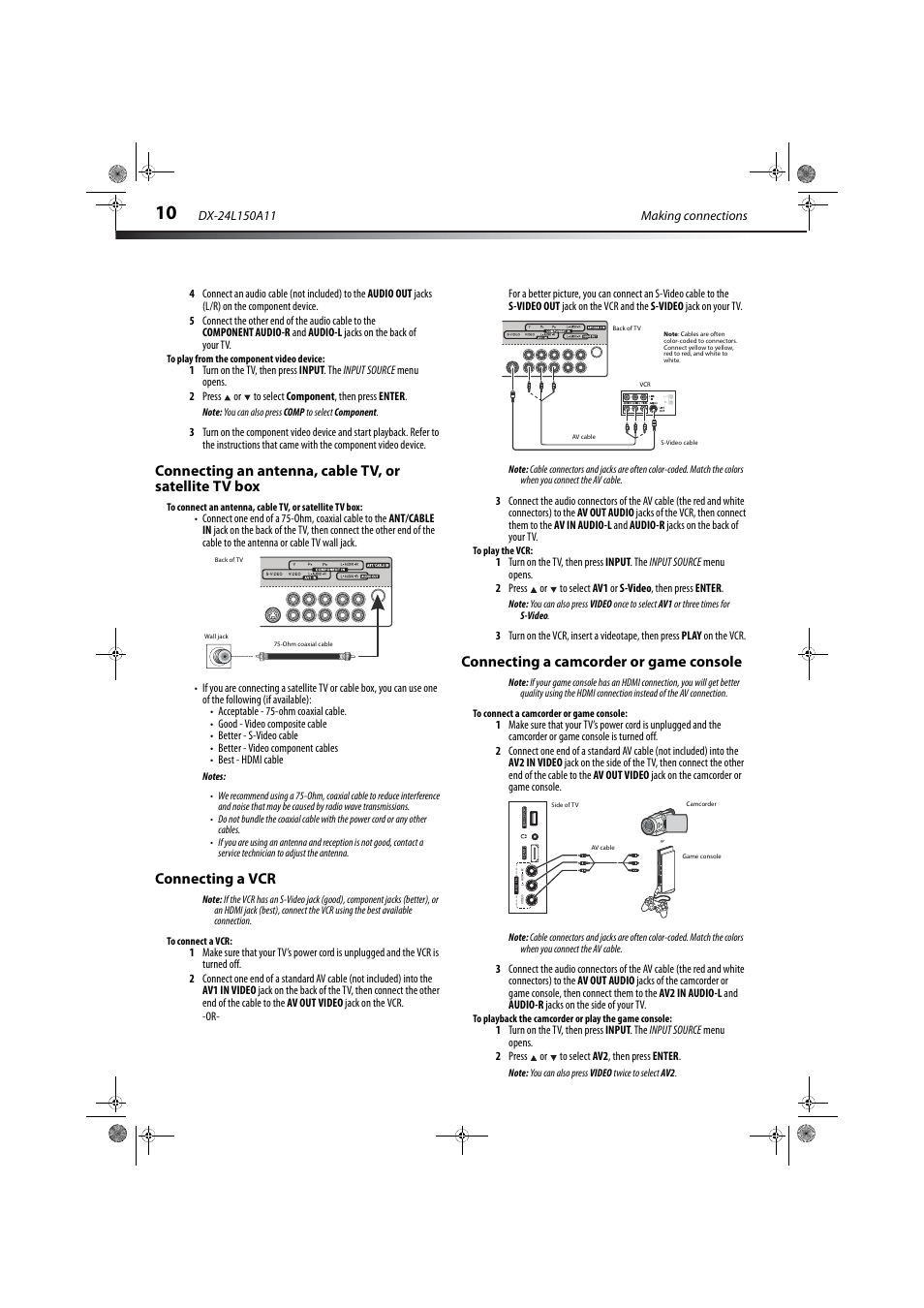 Connecting a vcr, Connecting a camcorder or game console, Ation, see “connecting a camcorder or game console | Connecting a vcr” on, 10 f | Dynex DX-24L150A11 User Manual | Page 13 / 36