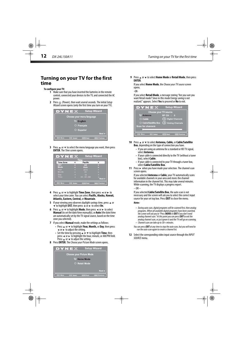 Turning on your tv for the first time | Dynex DX-24L150A11 User Manual | Page 15 / 36