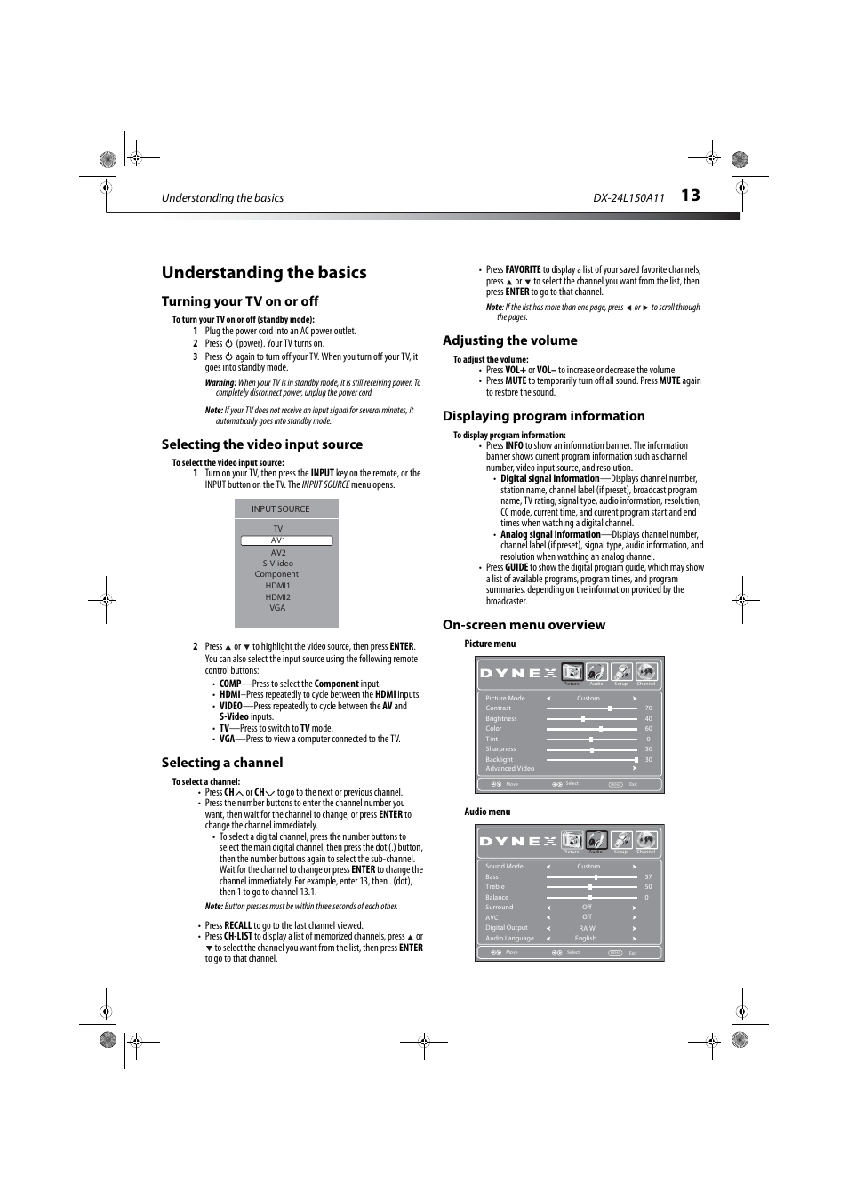 Understanding the basics, Turning your tv on or off, Selecting the video input source | Selecting a channel, Adjusting the volume, Displaying program information, On-screen menu overview, E “selecting the video input source, Displaying program information” on, Ge 13 | Dynex DX-24L150A11 User Manual | Page 16 / 36