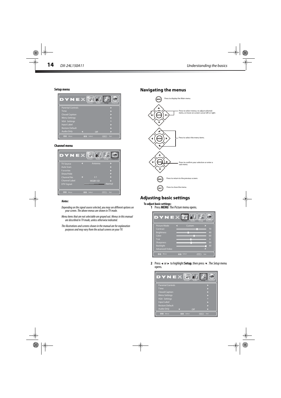 Navigating the menus, Adjusting basic settings, Navigating the menus adjusting basic settings | Setup menu channel menu | Dynex DX-24L150A11 User Manual | Page 17 / 36