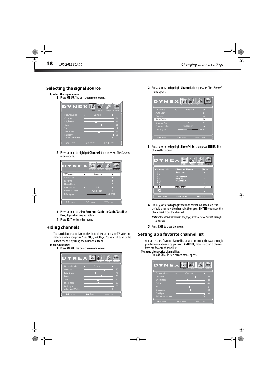 Selecting the signal source, Hiding channels, Setting up a favorite channel list | Setting up a favorite channel list” on, Ge 18, 5 press exit to close the menu, 1 press menu . the on-screen menu opens | Dynex DX-24L150A11 User Manual | Page 21 / 36