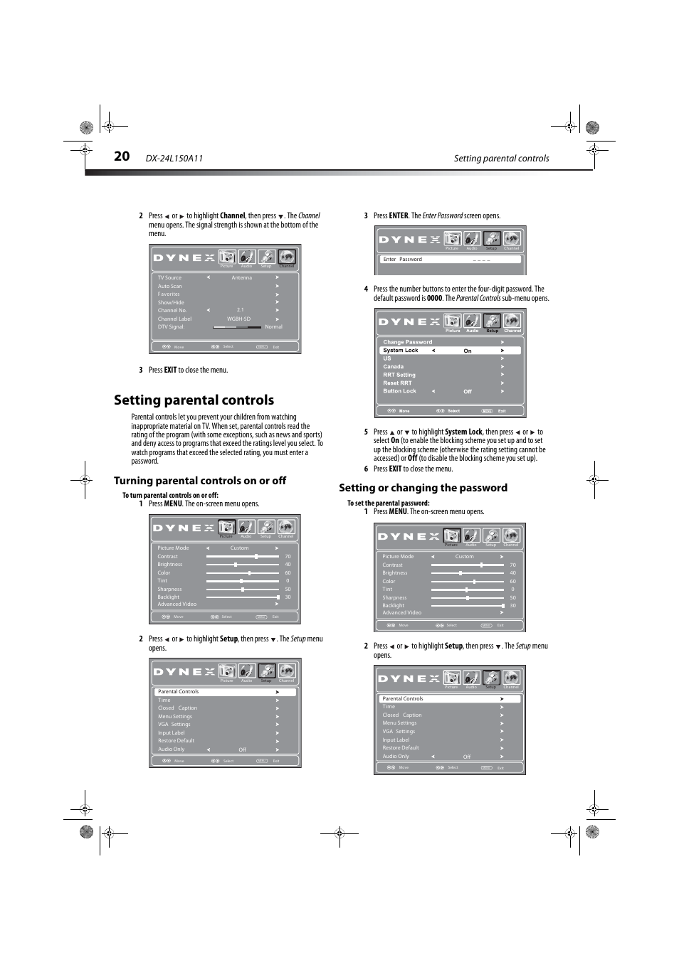Setting parental controls, Turning parental controls on or off, Setting or changing the password | Dynex DX-24L150A11 User Manual | Page 23 / 36