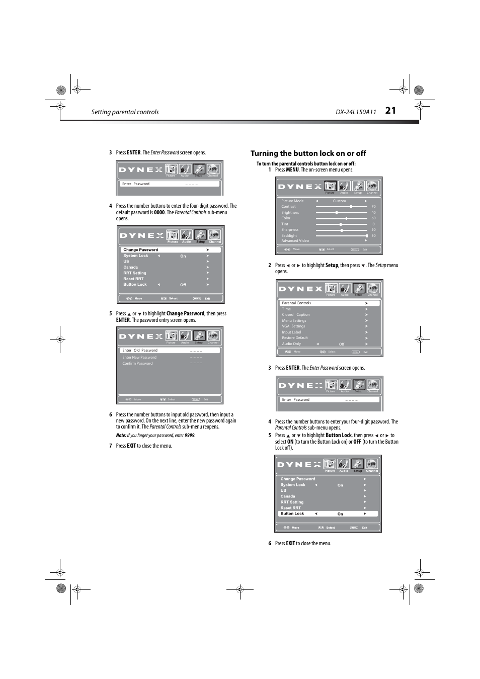 Turning the button lock on or off, Setting parental controls, 7 press exit to close the menu | Dynex DX-24L150A11 User Manual | Page 24 / 36
