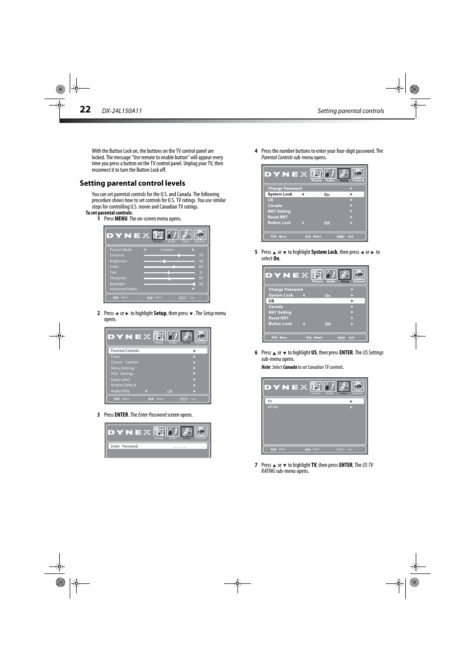 Setting parental control levels | Dynex DX-24L150A11 User Manual | Page 25 / 36