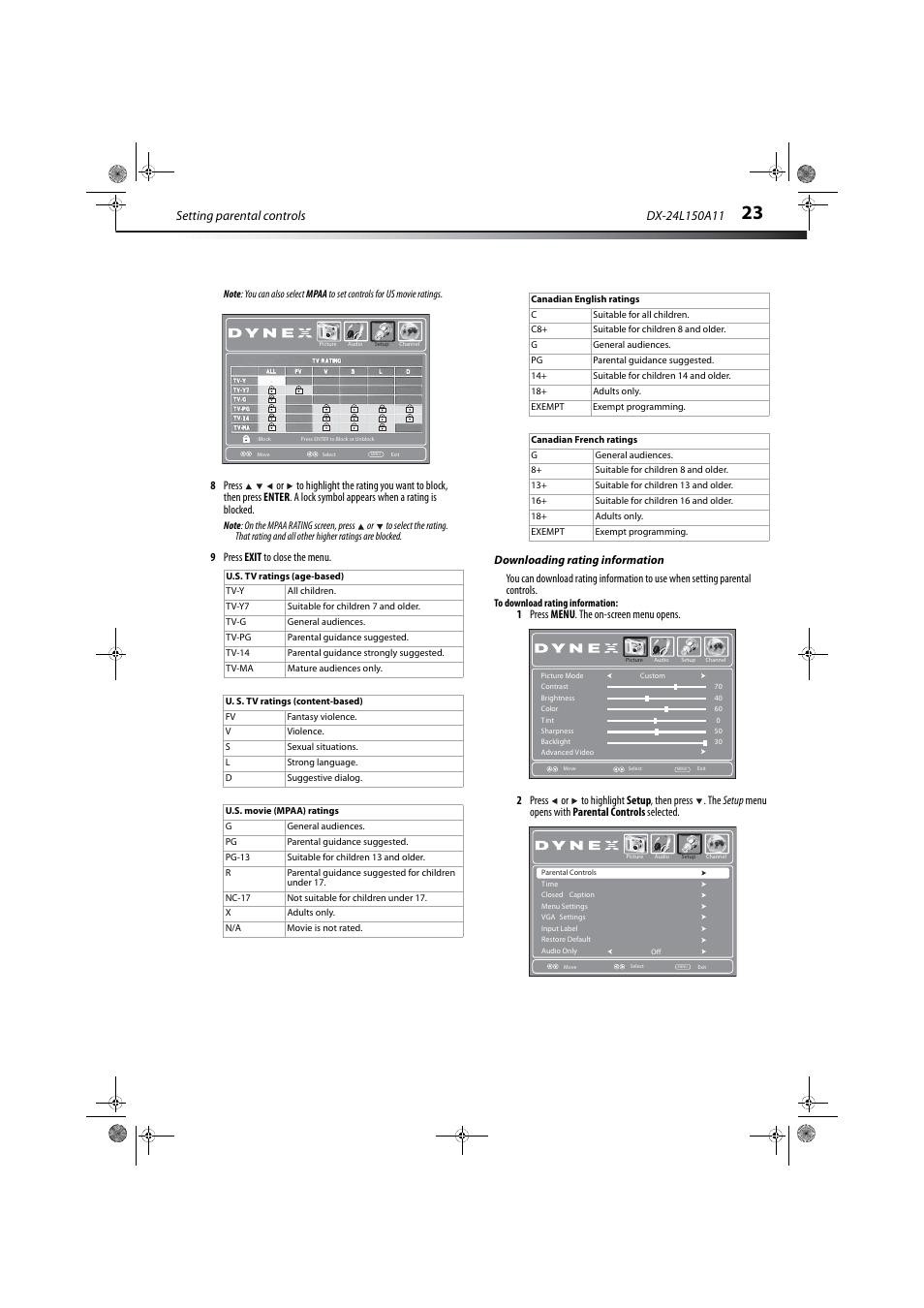 Downloading rating information, Setting parental controls | Dynex DX-24L150A11 User Manual | Page 26 / 36