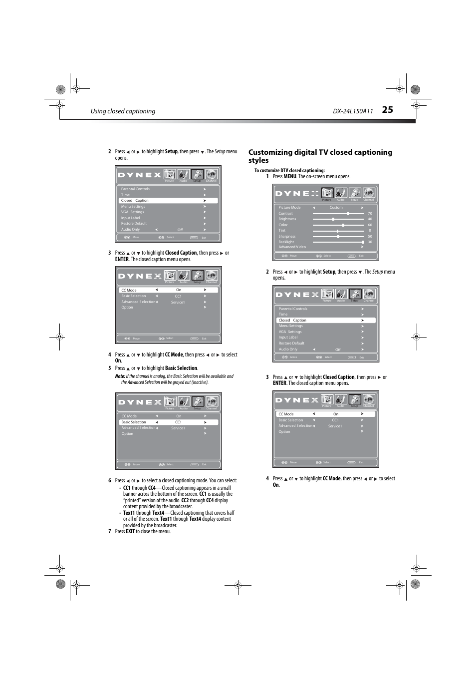 Customizing digital tv closed captioning styles, Using closed captioning | Dynex DX-24L150A11 User Manual | Page 28 / 36