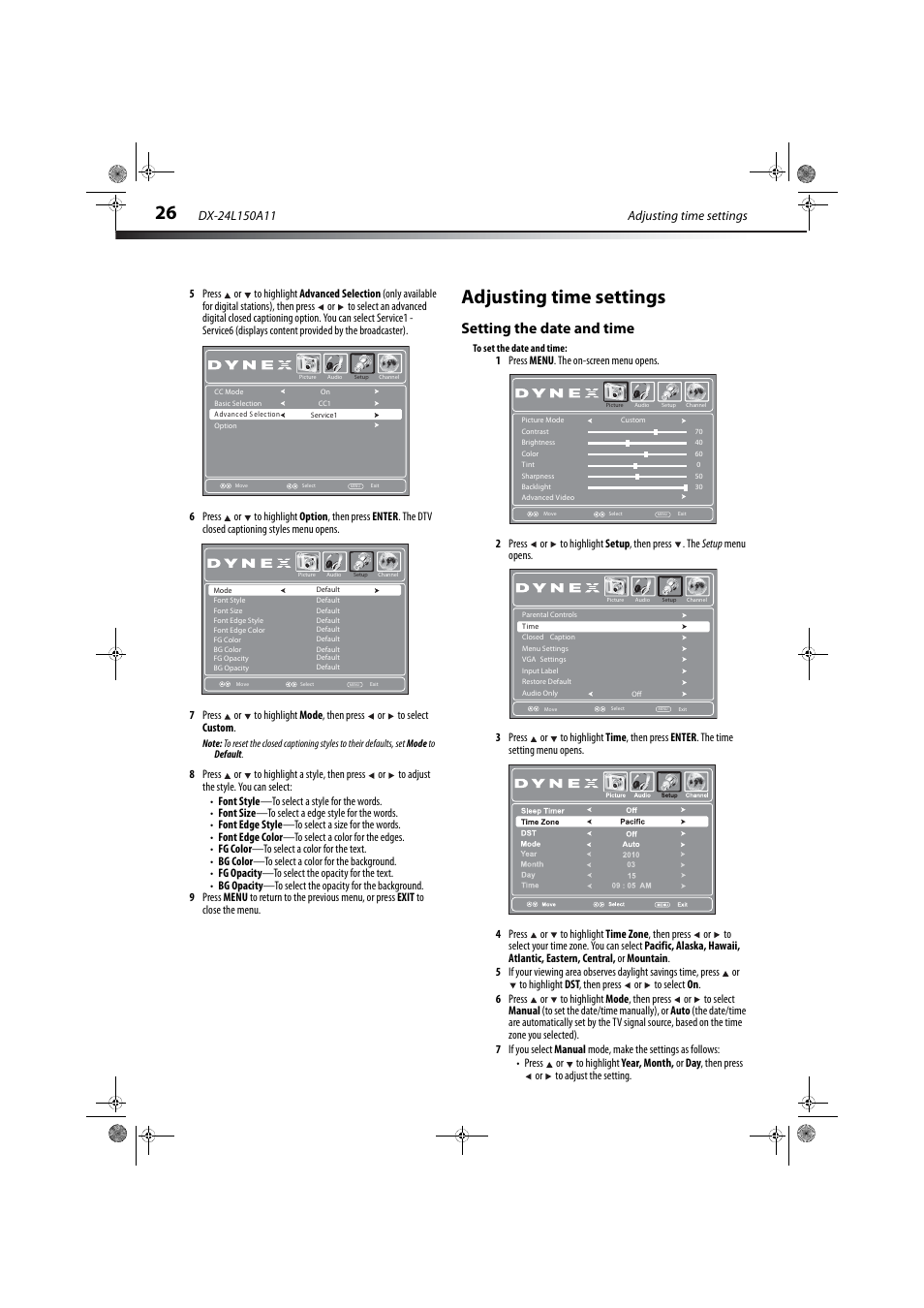 Adjusting time settings, Setting the date and time | Dynex DX-24L150A11 User Manual | Page 29 / 36