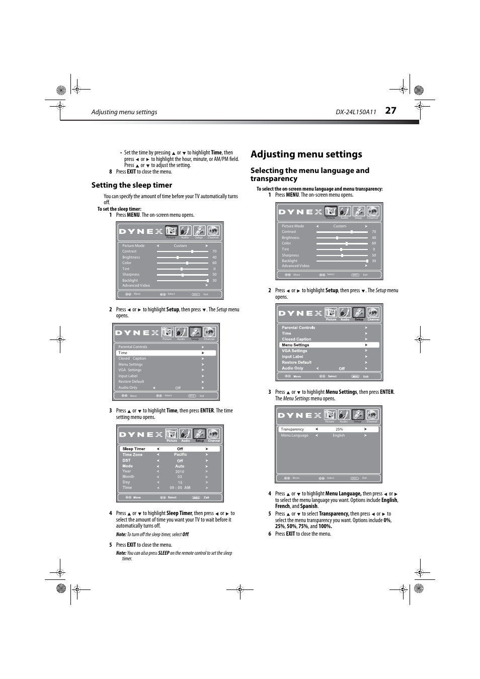 Setting the sleep timer, Adjusting menu settings, Selecting the menu language and transparency | Ge 27 | Dynex DX-24L150A11 User Manual | Page 30 / 36