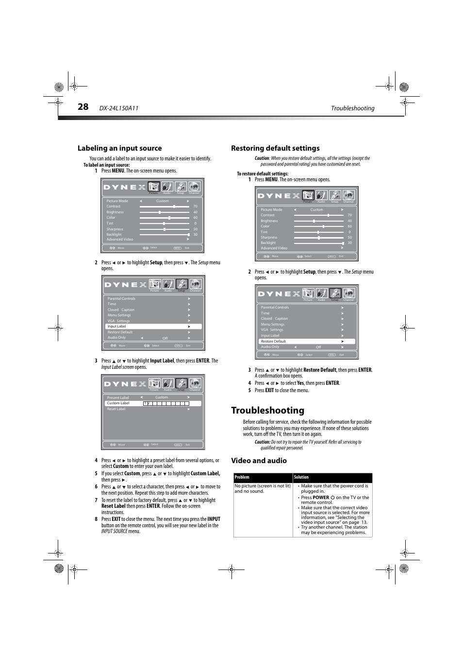 Labeling an input source, Restoring default settings, Troubleshooting | Video and audio | Dynex DX-24L150A11 User Manual | Page 31 / 36