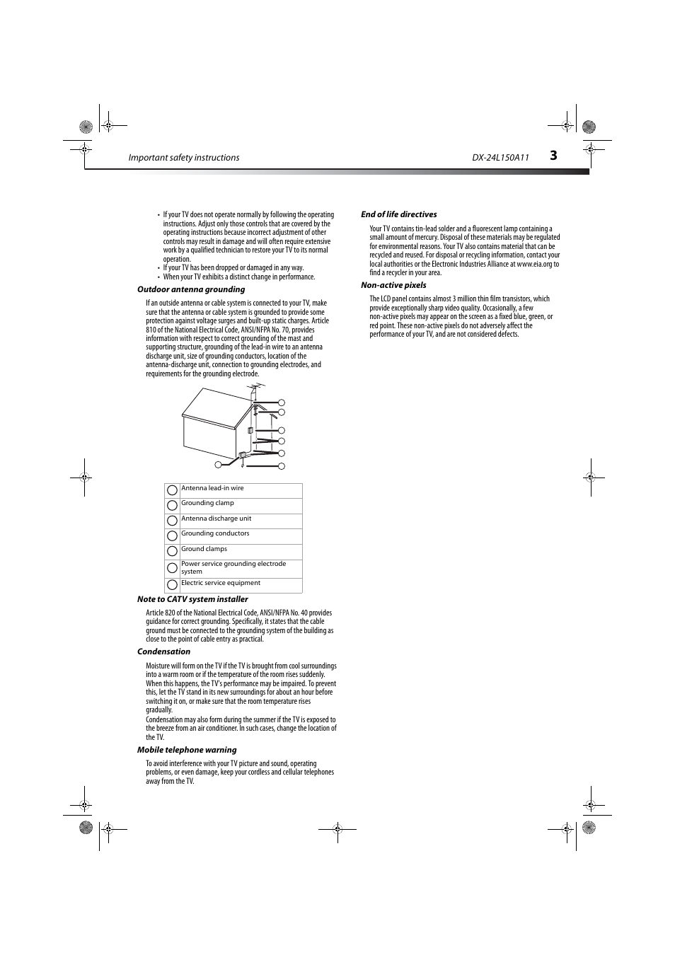Outdoor antenna grounding, Note to catv system installer, Condensation | Mobile telephone warning, End of life directives, Non-active pixels | Dynex DX-24L150A11 User Manual | Page 6 / 36