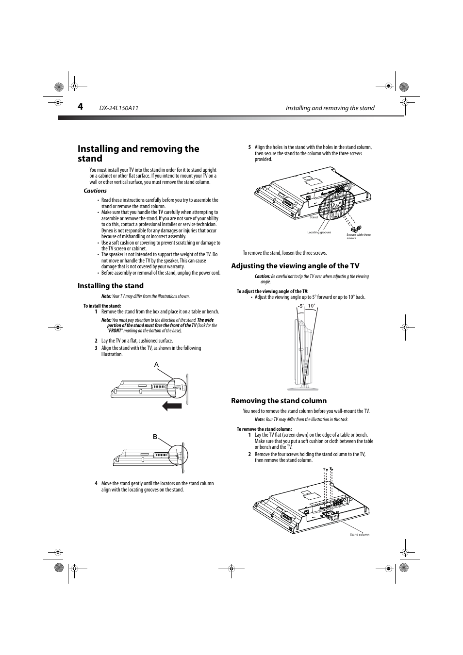 Installing and removing the stand, Cautions, Installing the stand | Adjusting the viewing angle of the tv, Removing the stand column | Dynex DX-24L150A11 User Manual | Page 7 / 36