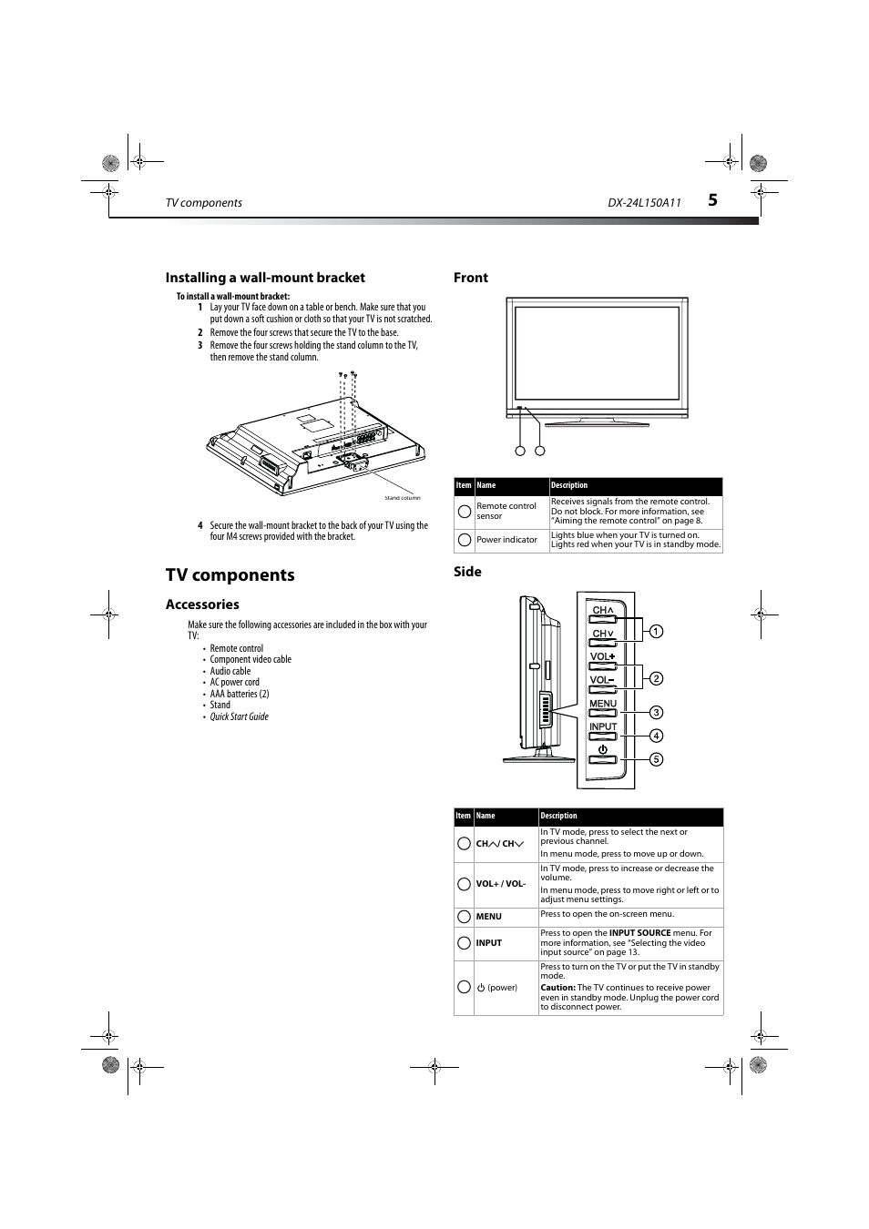 Installing a wall-mount bracket, Tv components, Accessories | Front, Side, Accessories front side, Front side | Dynex DX-24L150A11 User Manual | Page 8 / 36