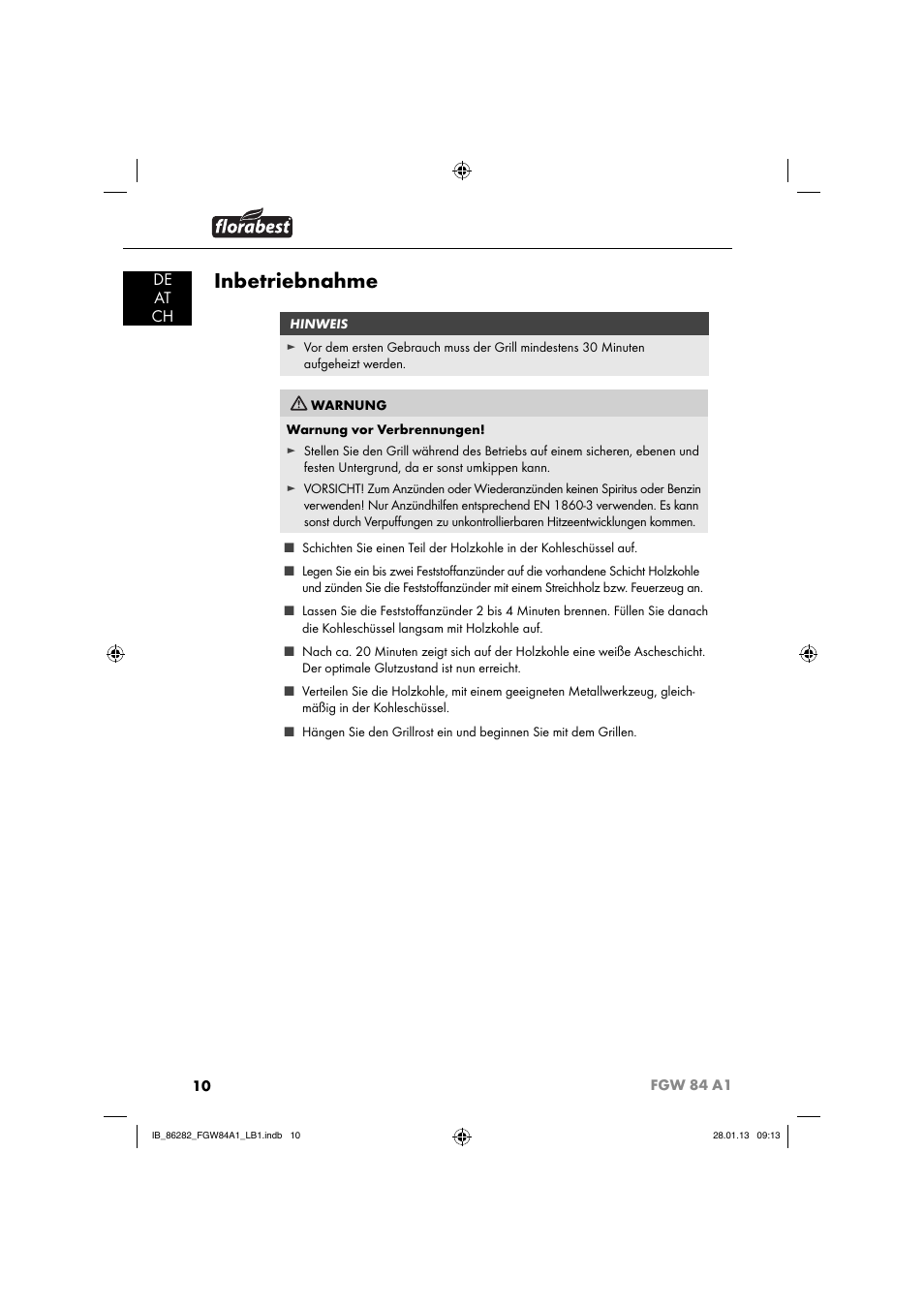 Inbetriebnahme, De at ch | Florabest FGW 84 A1 User Manual | Page 13 / 52