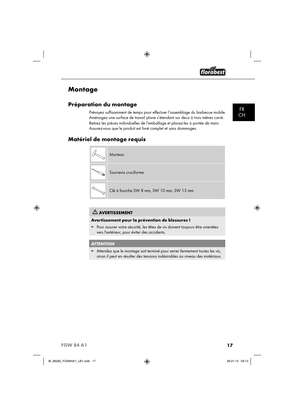 Montage, Préparation du montage, Matériel de montage requis | Fr ch | Florabest FGW 84 A1 User Manual | Page 20 / 52