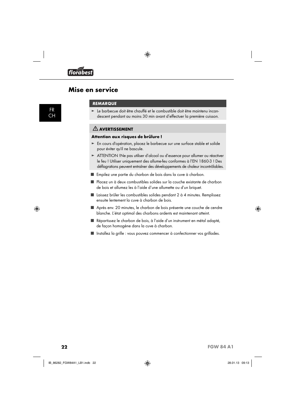 Mise en service, Fr ch | Florabest FGW 84 A1 User Manual | Page 25 / 52